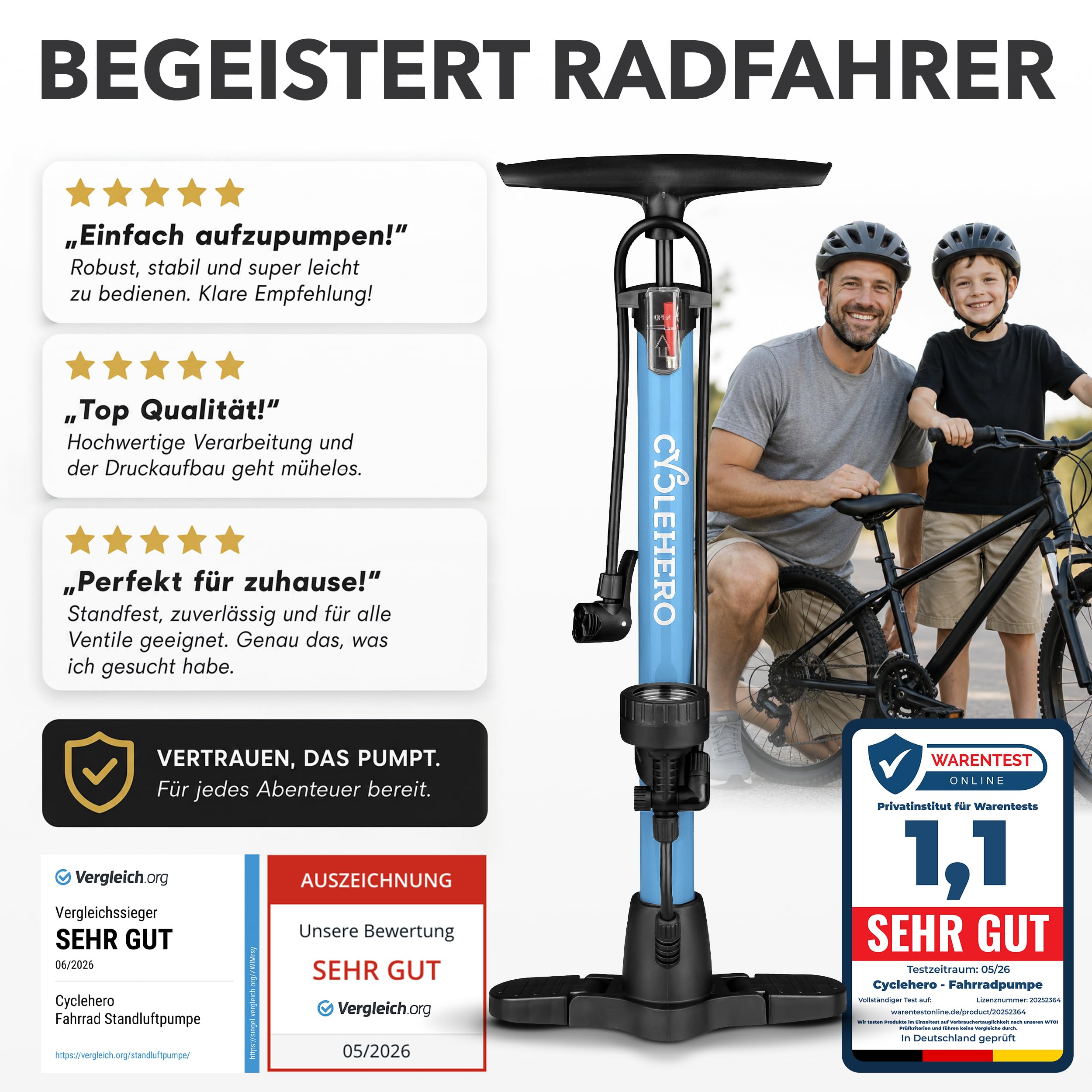Fahrradpumpe alle Ventile * Test SEHR GUT - 10 Jahre GARANTIE * Leistungsstarke Luftpumpe Fahrrad– Fahrradpumpe Französisches Ventil - Standpumpe mit Manometer