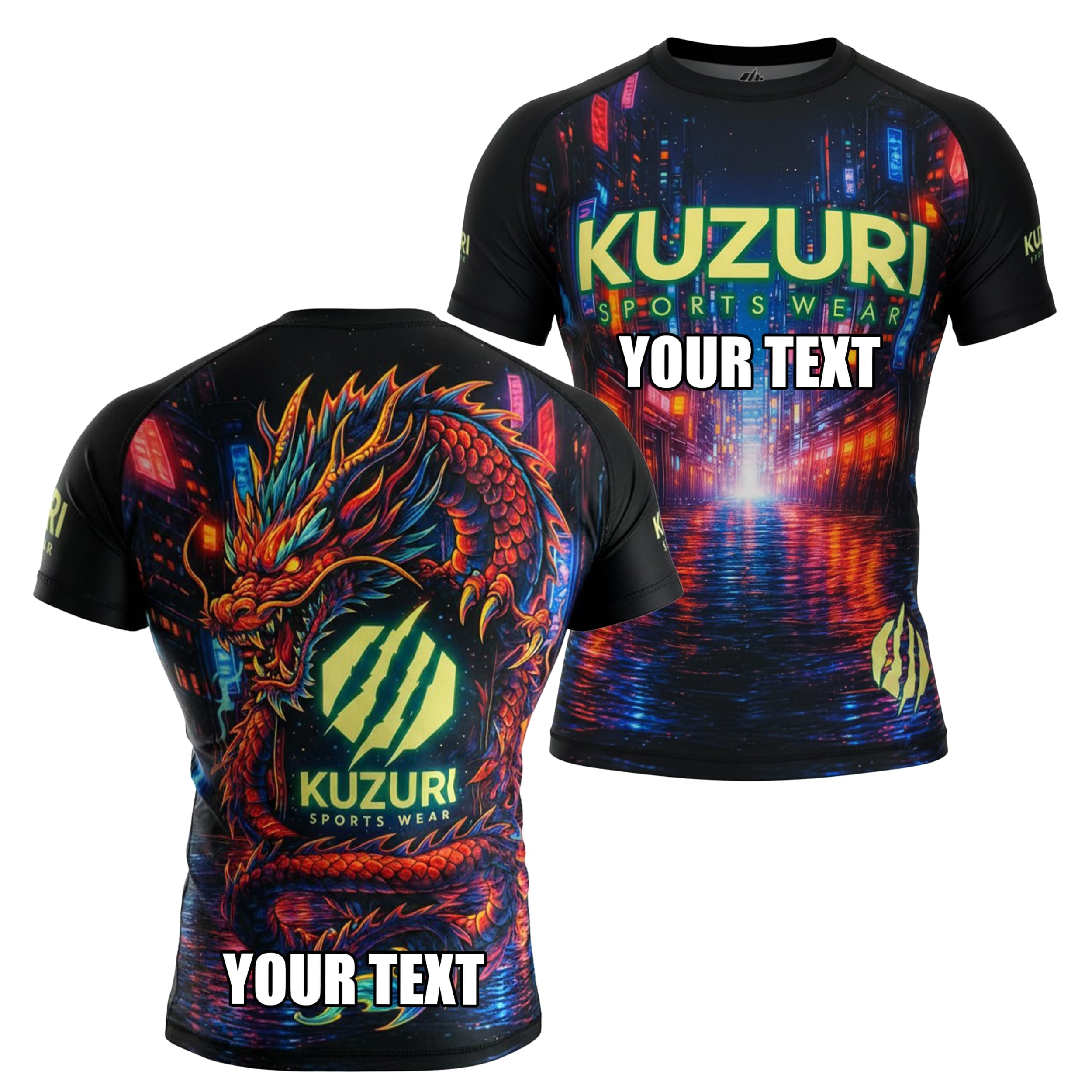 KUZURI Rashguard Herren BJJ Kurzarm – Personalisiertes MMA Compression Shirt für No-Gi, Grappling & Kickboxen – Atmungsaktives T-Shirt mit Drachenmotiv