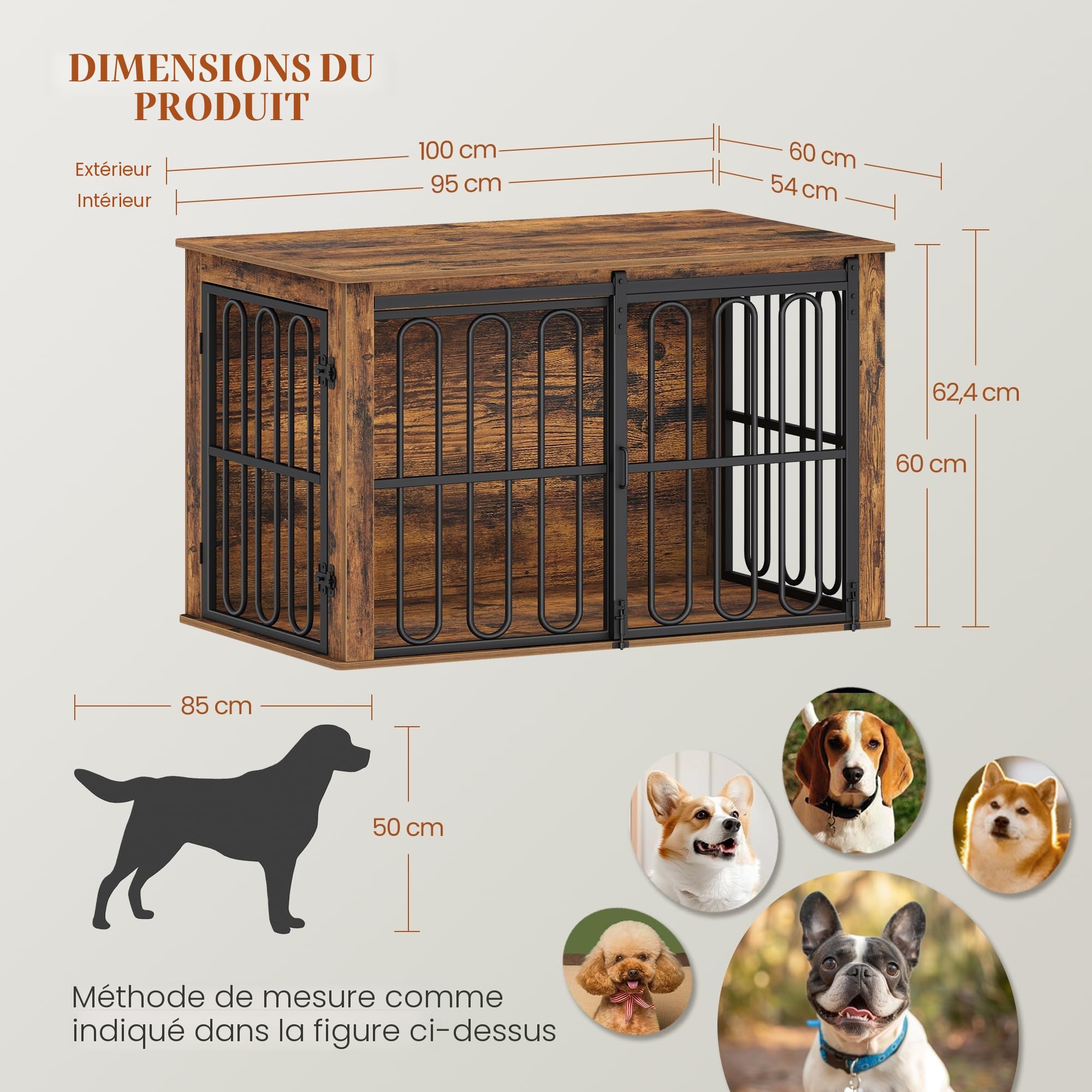 HEXCELEN Cage pour Chien avec Porte Coulissante, 2 Portes, Table d'appoint, pour Petits et Moyens Chiens, Marron, 100 x 60 x 62,4 cm