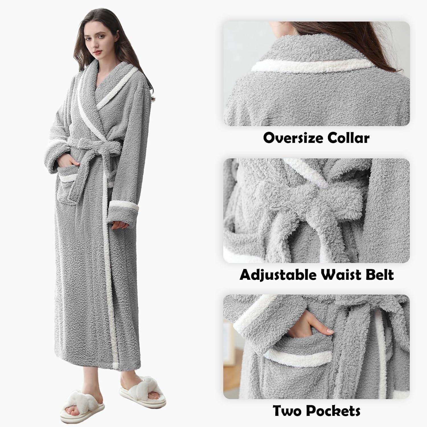 Oksun Womens Long Fleece Robe: Soft Fluffy Warm Bathrobe - Cozy Winter Housecoat Nigthgown with Chic Piping - Image 4