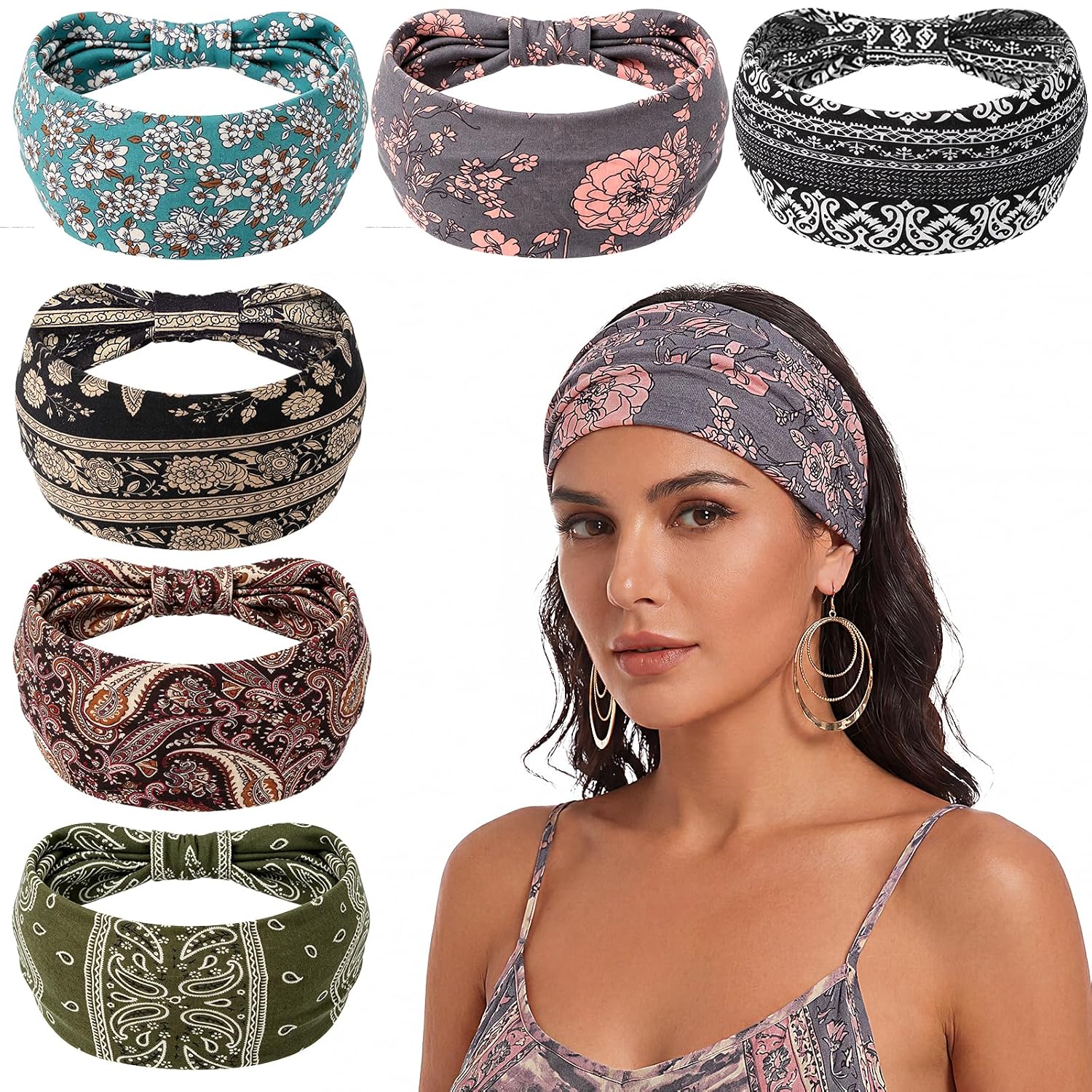 6Pack Boho Wide Headbands for Women, Knotted African Bandana