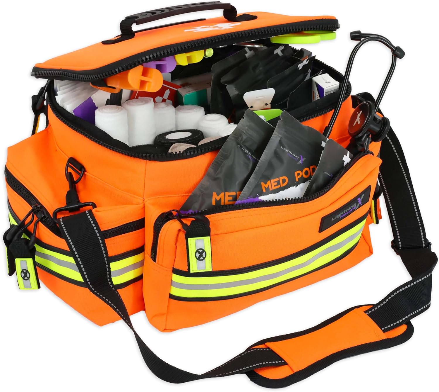 Lightning X Mid-Sized First Responder EMT Bag | LXMB25 | Fully Stocked w/ 240+ First Aid, EMS & Trauma Supplies - ORANGE - Image 6