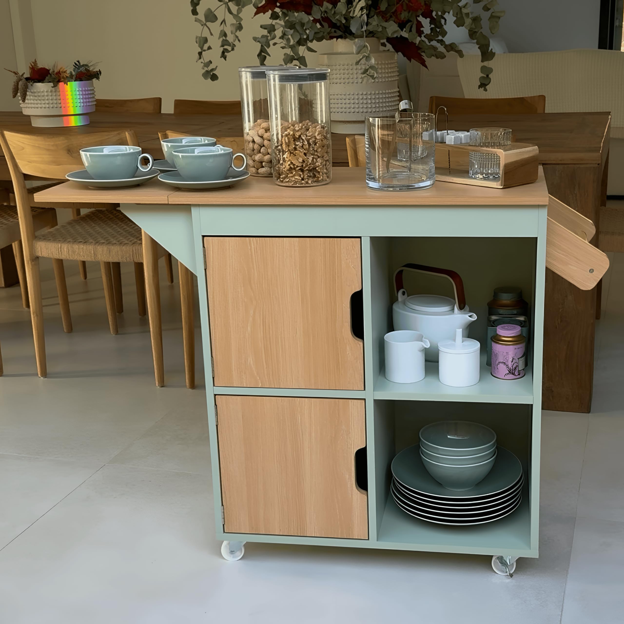 Isla de Cocina con Ruedas, Carrito de Cocina de Madera Verde, Mueble Desayunador Pequeño Auxiliar con Encimera Extensible, Armario Móvil para Cafetera y Microondas