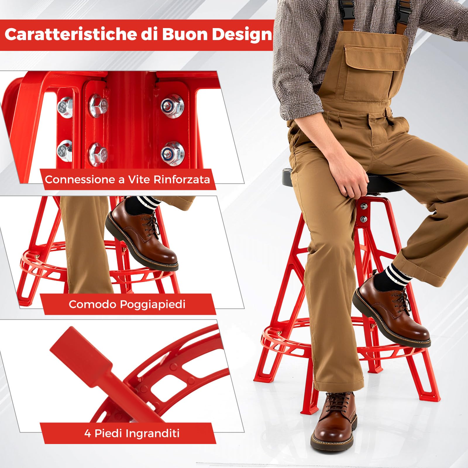 COSTWAY Sgabello da Officina, Sedia Meccanico in Metallo con Girevole a 360° e Seduta Imbottita, Capacità di 182 kg, Sgabello Alto da Lavoro con Poggiapiedi per Garage e Officina, Rosso + Nero