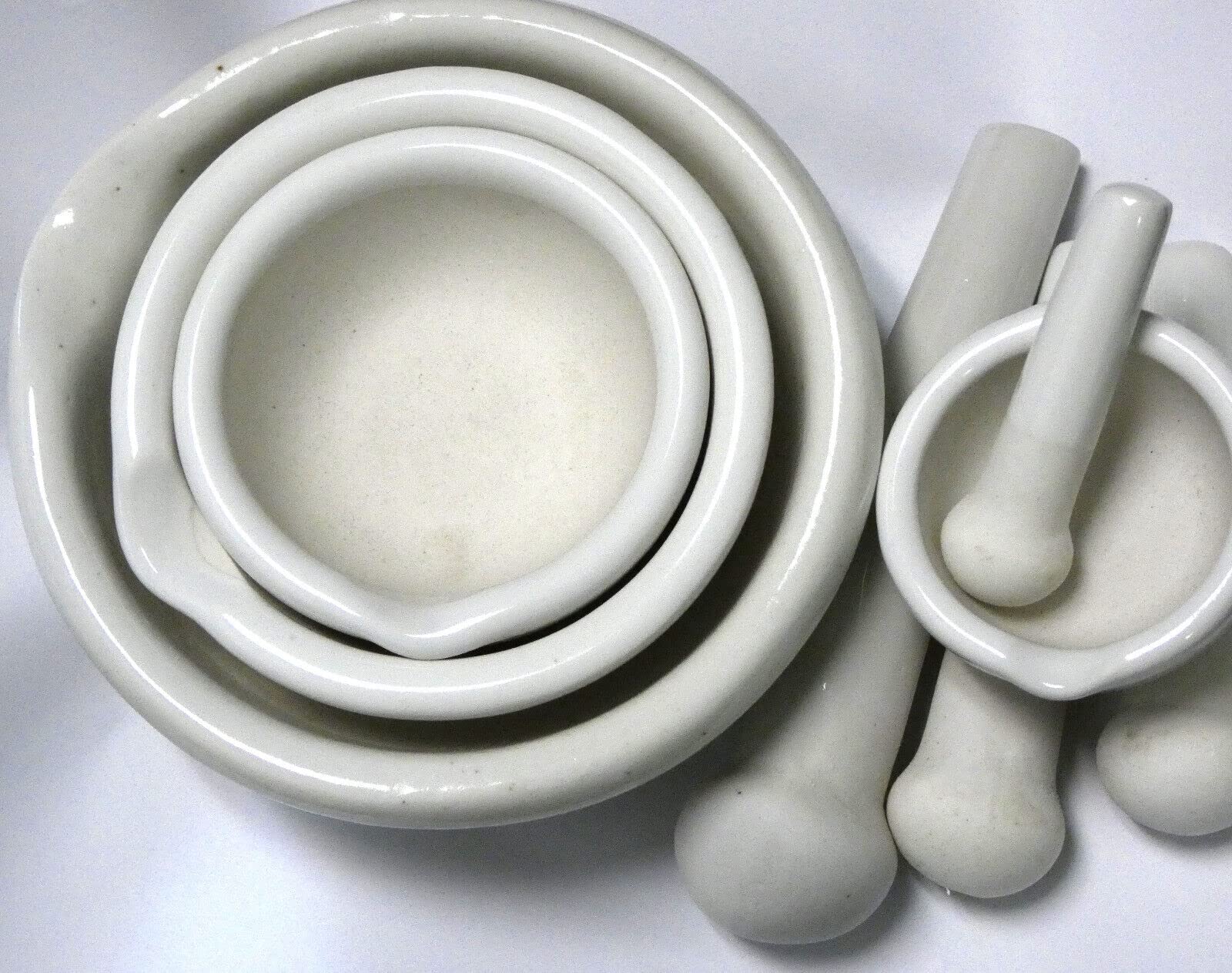 Set of 4, Porcelain Mortar and Pestle, Lab & Kitchen