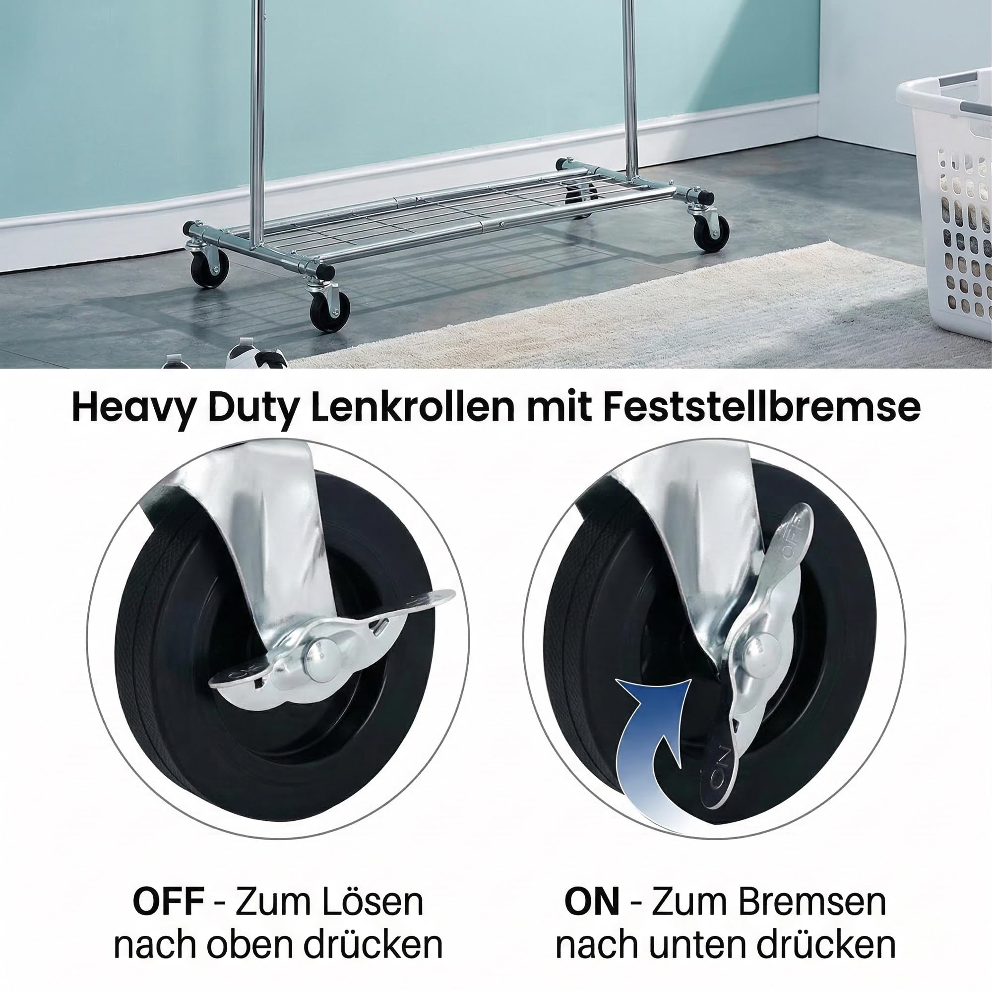 Schwerlast Kleiderständer auf Rollen, Doppelte Kleiderstange bis 150 kg belastbar, Ausziehbar 130-190 cm, Industrie-Design Garderobenständer mit 2 Ablagen, Chrom