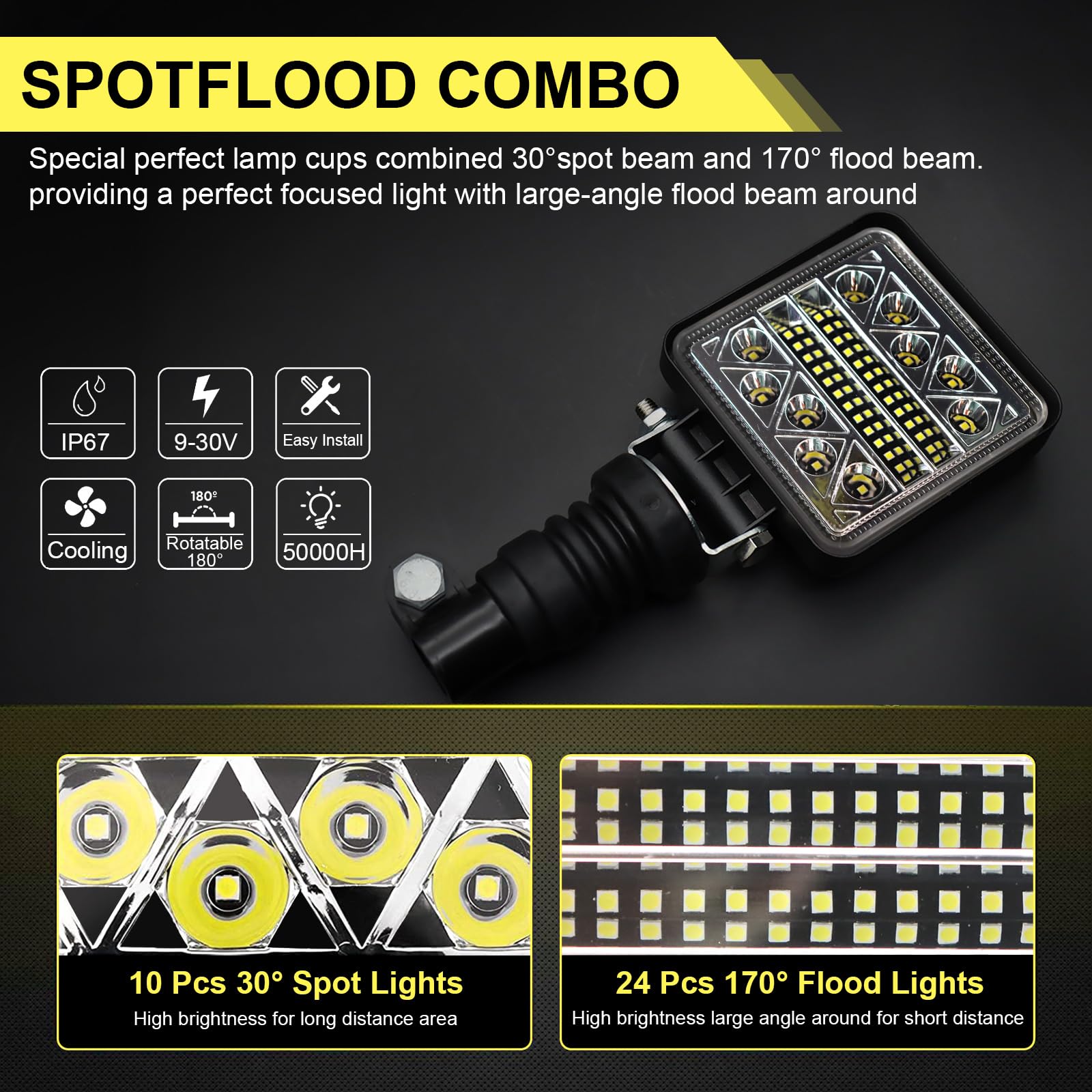 AnTom 102W LED Arbeitsscheinwerfer, 24mm DIN Rundumleuchten Halter - IP68-12/24V - Flexibel