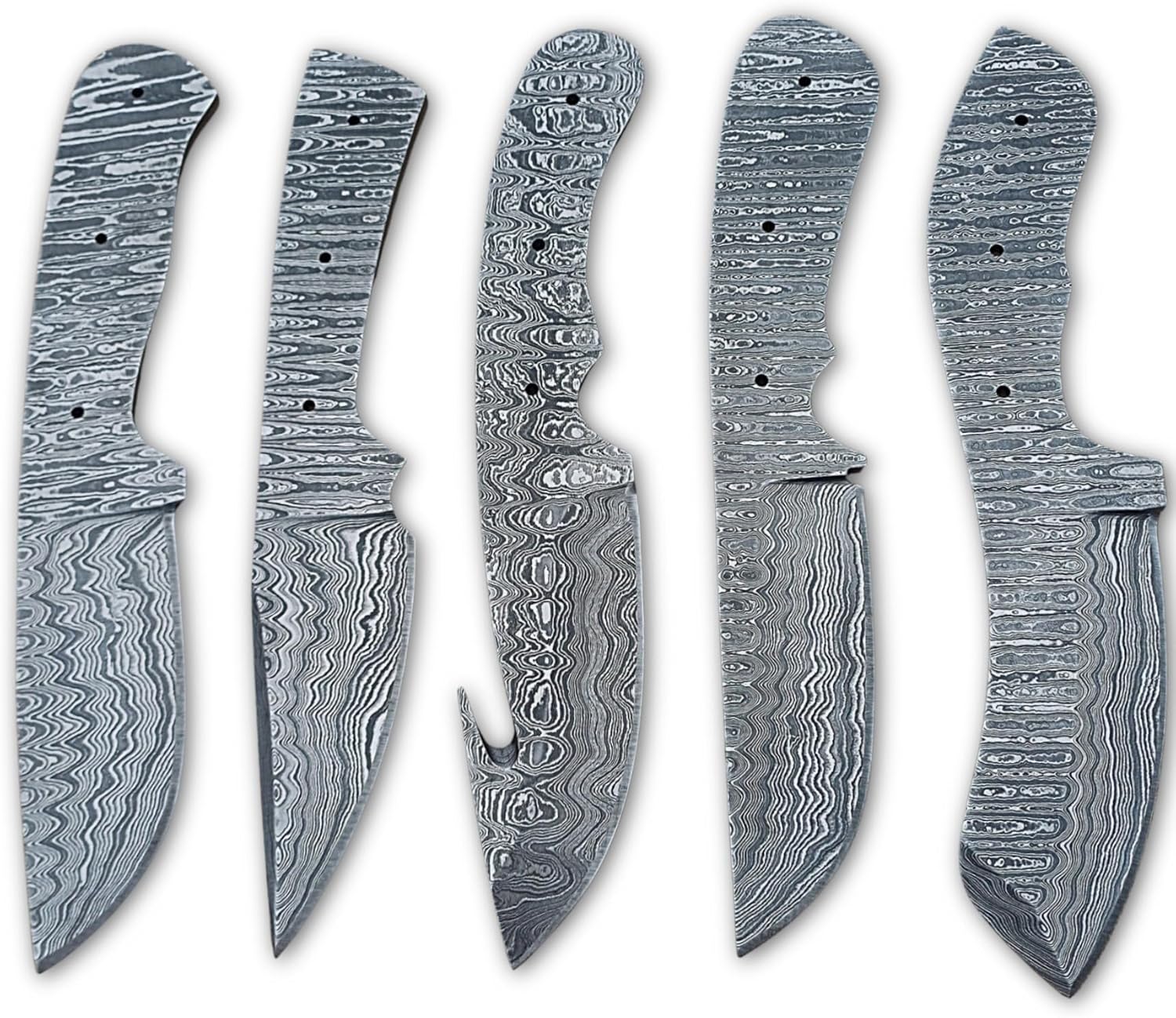 Damascus Steel Blank Blades Set - 5 Pcs Handmade Full Tang Fixed Blade EDC Gut Hook Skinning Hunting Knife Blanks Set