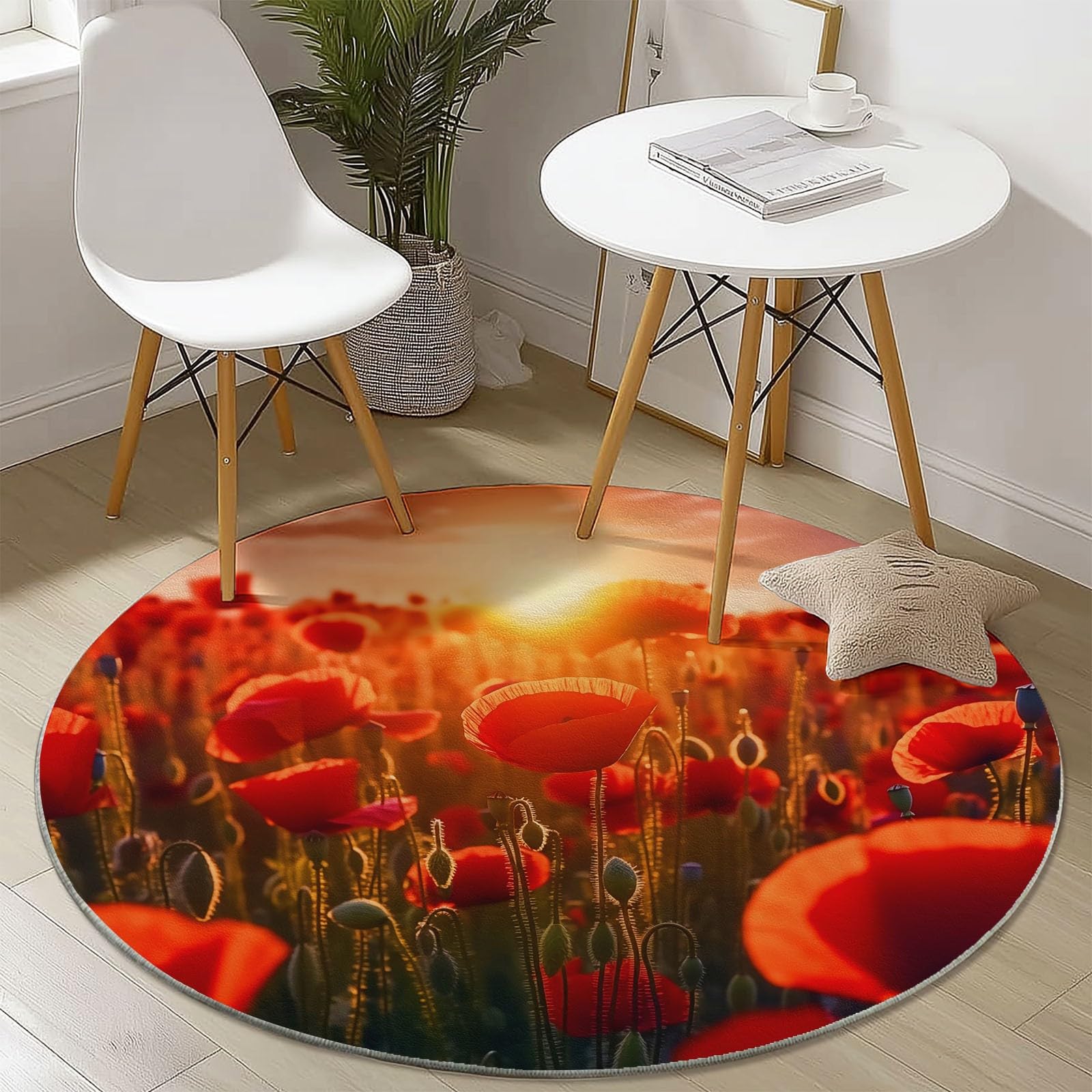 Champ de coquelicots tapis salon rond decoration naturelle antidérapante rouge 60 cm