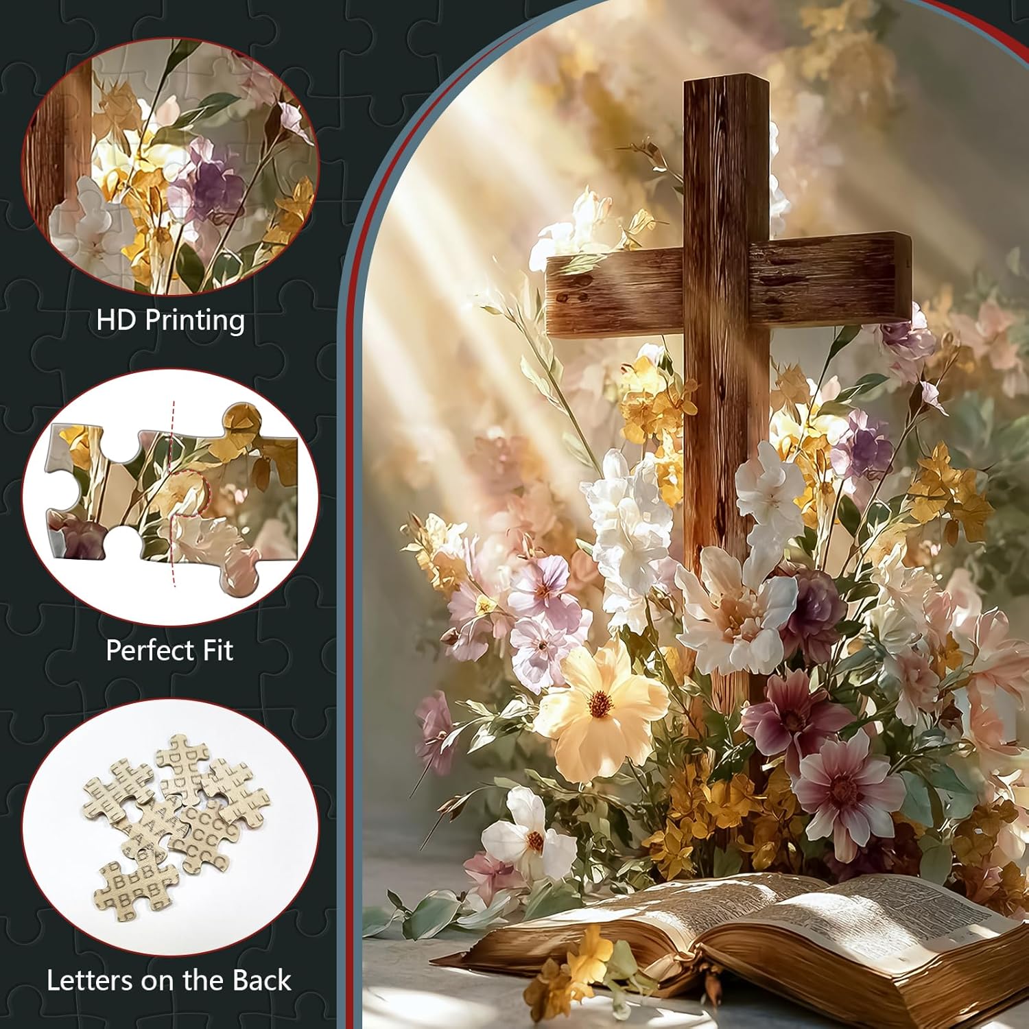 Great Jigsaw Puzzles for Adults 300 Pieces Religious Cross with Daisy Flowers Puzzles for Adults Toys Gift Family Decoration Kids Puzzle
