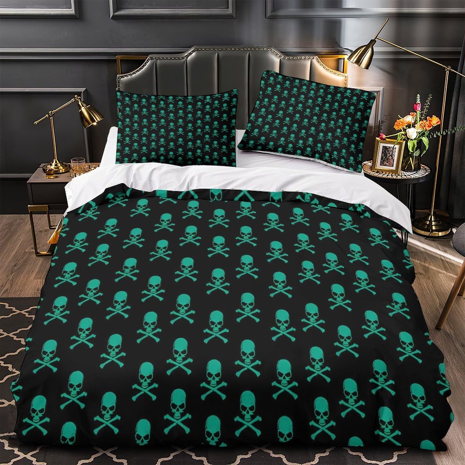 Parure de lit skull crossbones 3 pièces king microfibre et éclair pour chambre couple