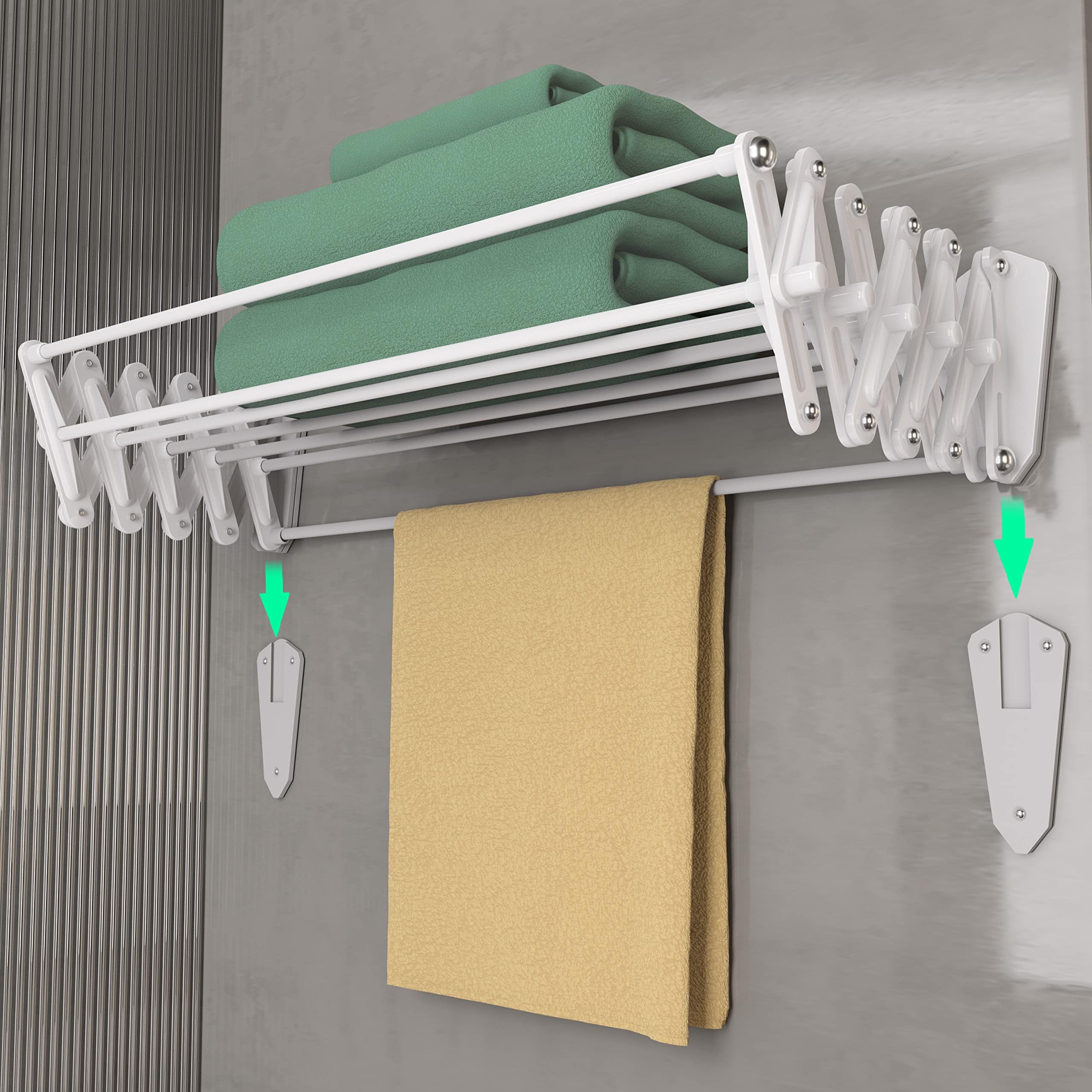 Wall Mounted Drying Rack Clothing for Laundry Foldable, Clothes Drying Rack Folding Indoor, Laundry Drying Rack with 7 Rods, Accordion Retractable for Laundry, Mothers Day for Mom,White