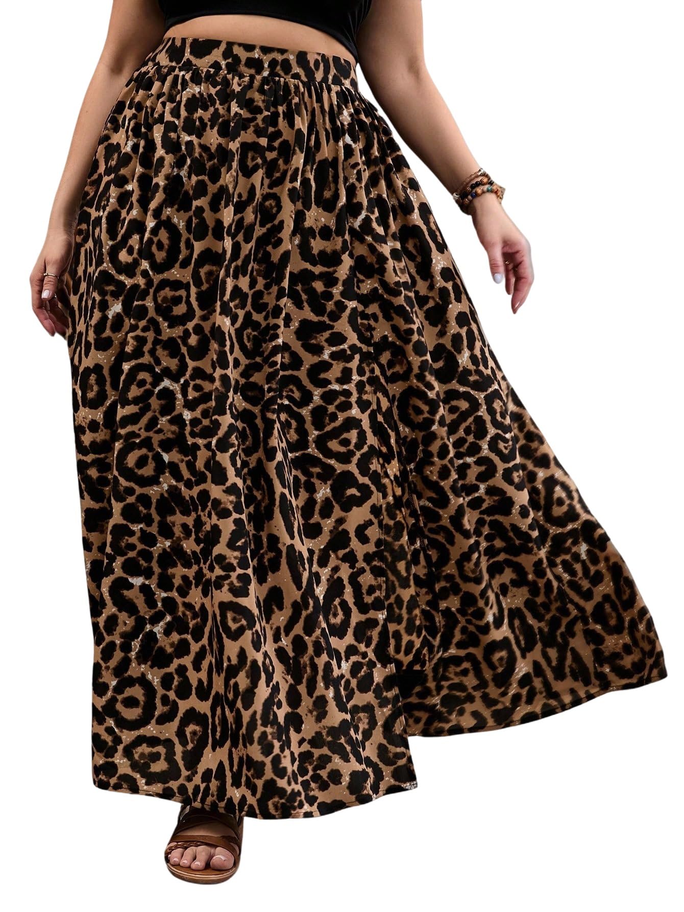 GORGLITTER Leo Gonna lunga da donna con fessura, maxi gonna con motivo leopardato, per il tempo libero, per l'autunno, per il festival
