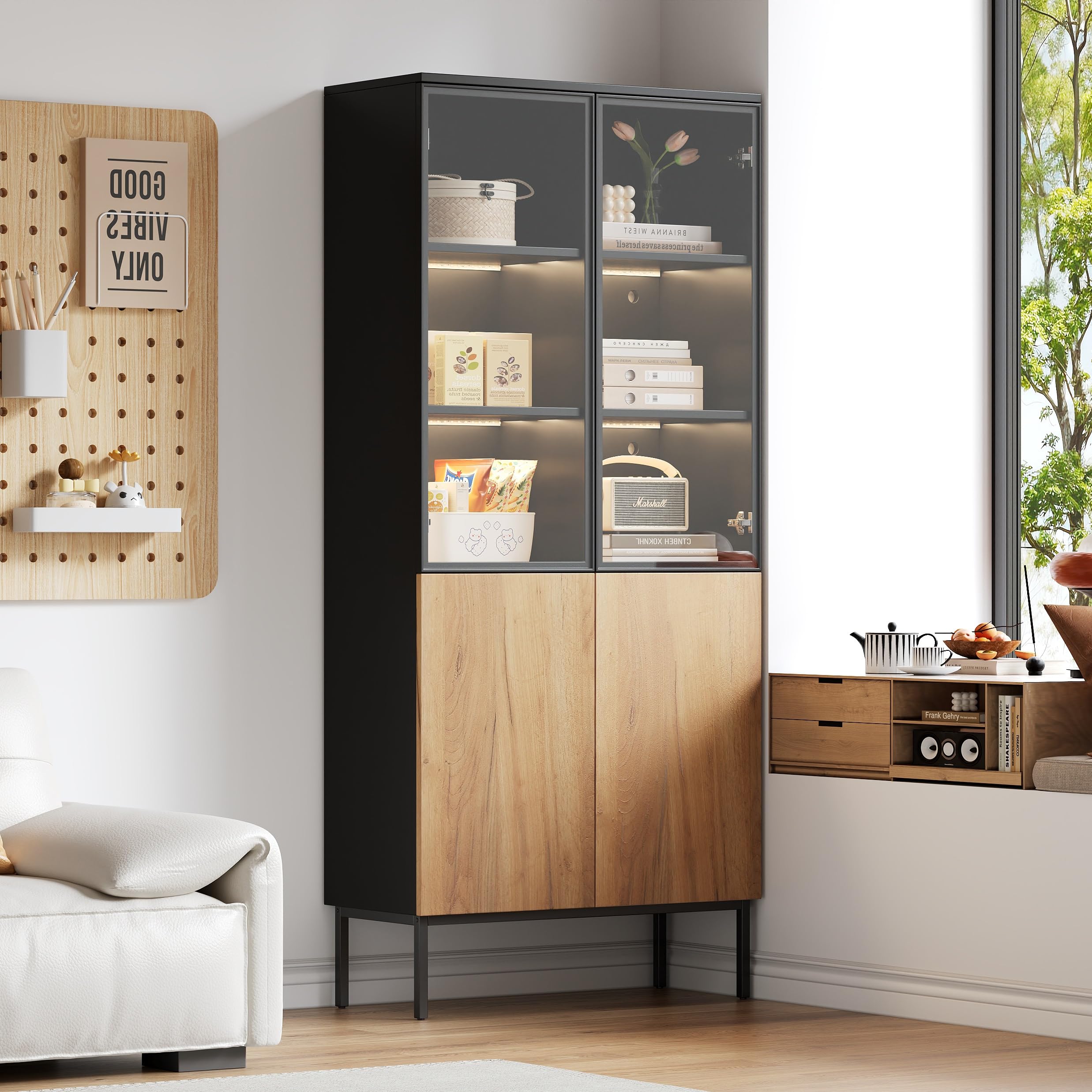 BTM Vitrine Glastüren, 180 cm hoher Schrank LED-Leuchten, Bücherregal, 5-stöckige Glasvitrine Sammlerstücke, Büro, Schwarz/Eiche