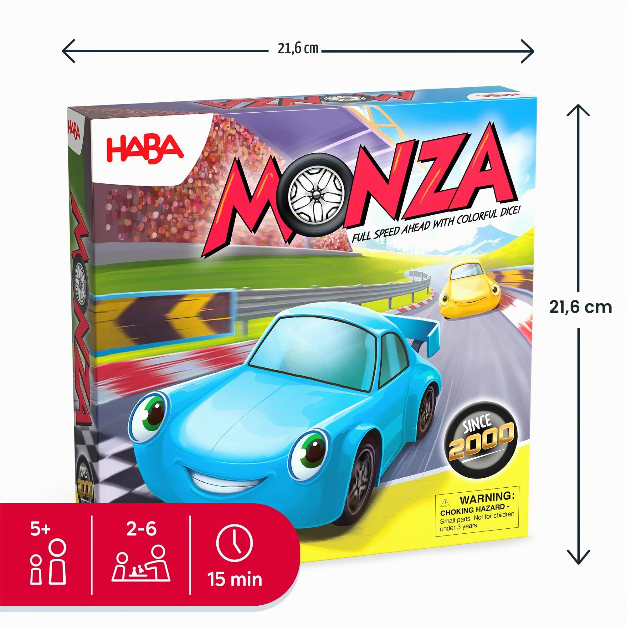 HABA Monza - 2012226001 - Jeu de Société Rapide - Jeu de Course Automatique pour Enfants à partir de 5 ans - Avec 6 Voitures en Bois Colorées & Dés Colorés