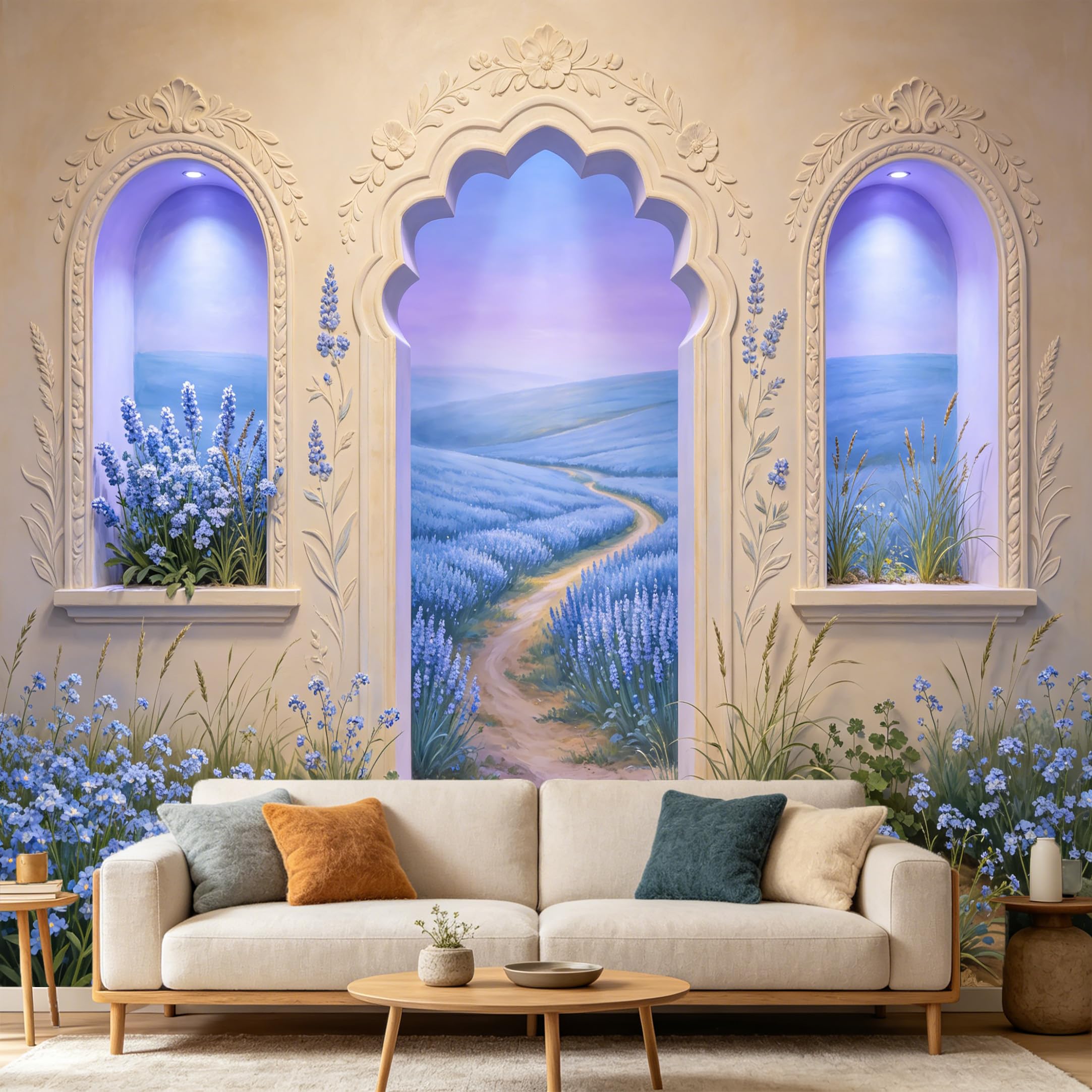 Custom Size Wall Mural， Mediterranean Floral Archway Blue Lavender Field Nature Landscape 3D Trompe L'Oeil， SelfAdhesive Art Prints wall Fabric Removable Wallpaper Home Living Room Decor