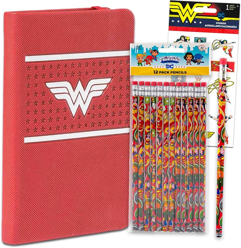 Juego de papelería Wonder Woman para adultos – Paquete con un mini diario, lápices y pegatinas | Suministros de oficina de la Mujer Maravilla