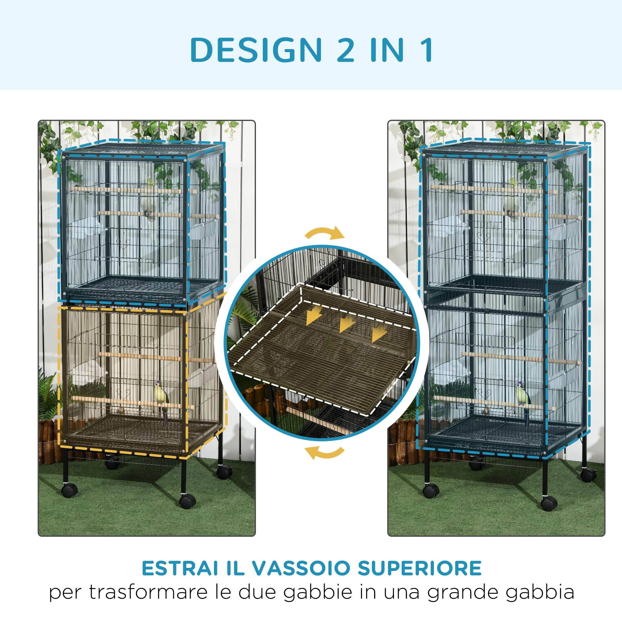 PawHut Gabbia per Uccelli 2 in 1 Voliera per Interni con 4 Ruote Girevoli, Vassoi Estraibili e Contenitori in Plastica, 51.5x50x140 cm, Nero