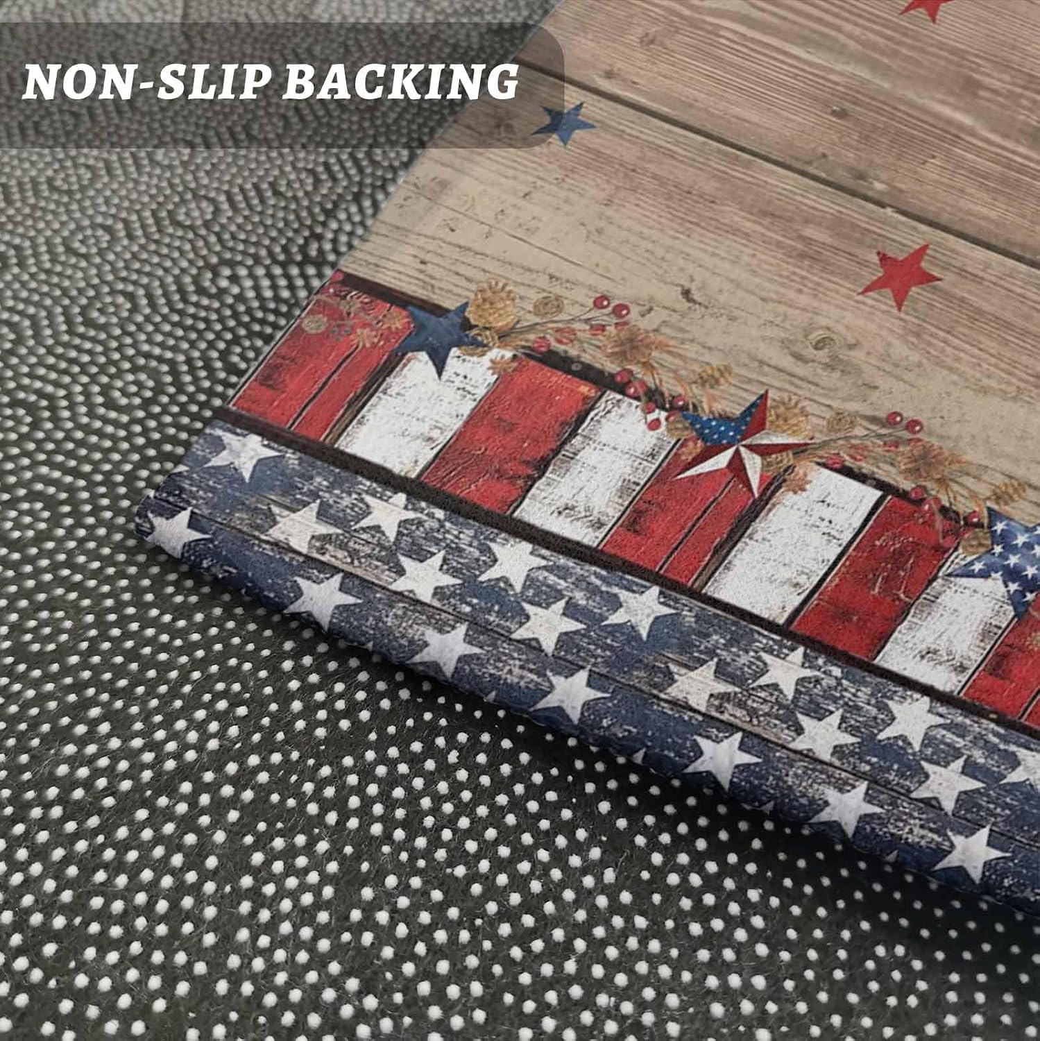 Teamery Kitchen Mats for Floor American Star Stripe USA Flag Washable Non Slip Kitchen Rugs 1PCS, Independence Day Wood Board Absorbent Standing Mats for Sink Bathroom Office Living Room 15.7x47.2in