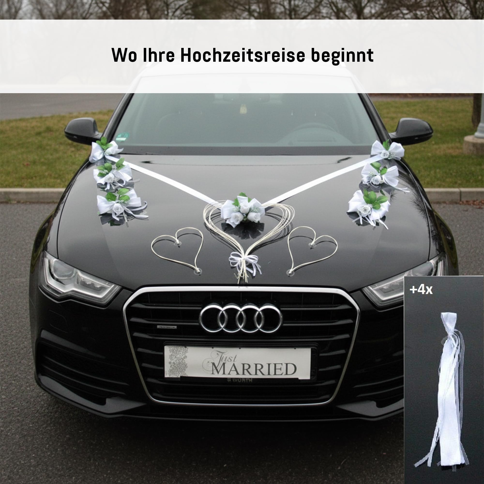 Autoschmuck Décoration de mariage pour voiture - En forme de cœur - Pour couple de mariée - En organza - Guirlande de voiture - Blanc pur