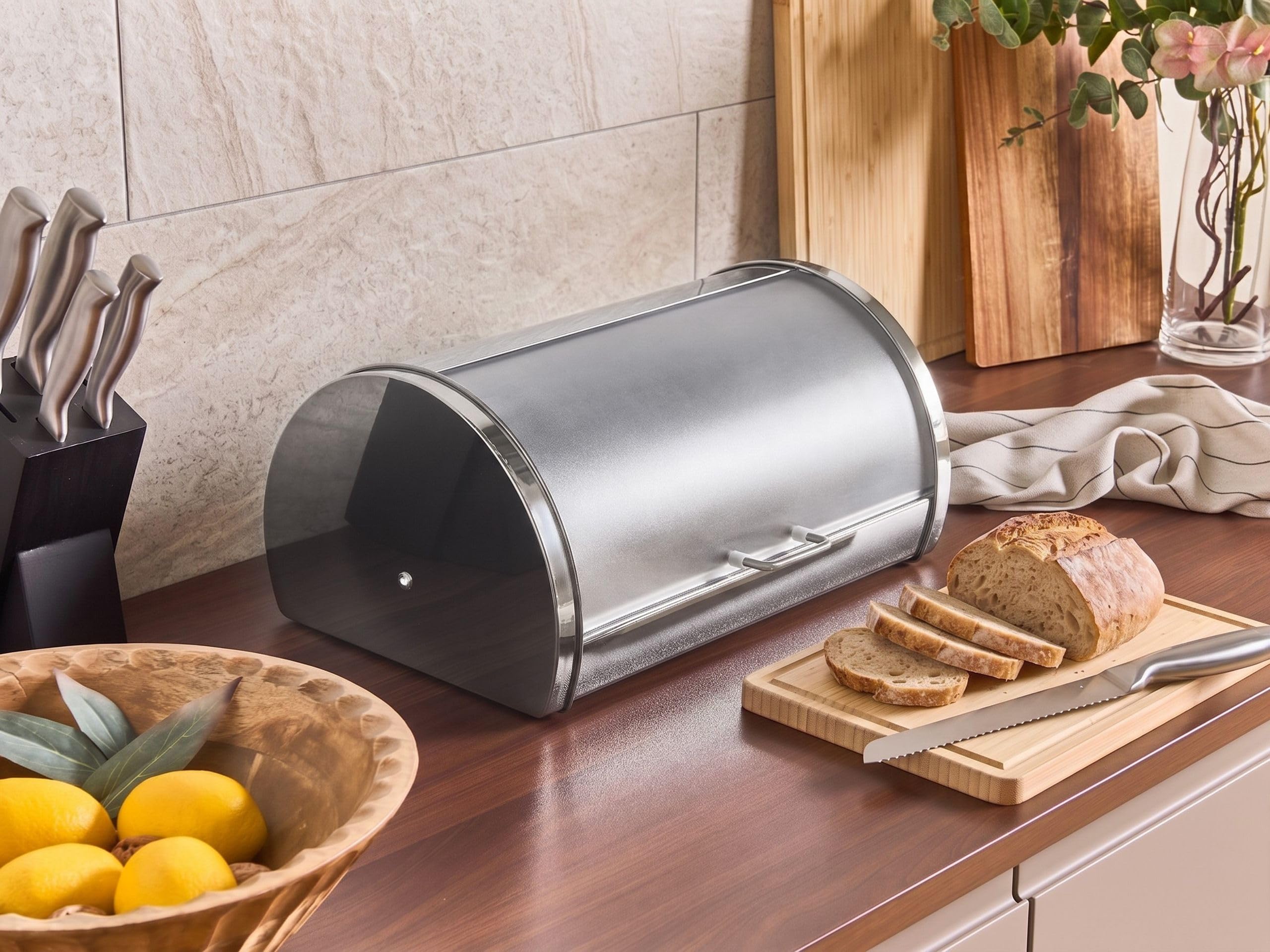 Beliani Brotkasten Edelstahl silber mit Rollklappe Griff halbrund 38 x 26 x 19 cm modern Friandise