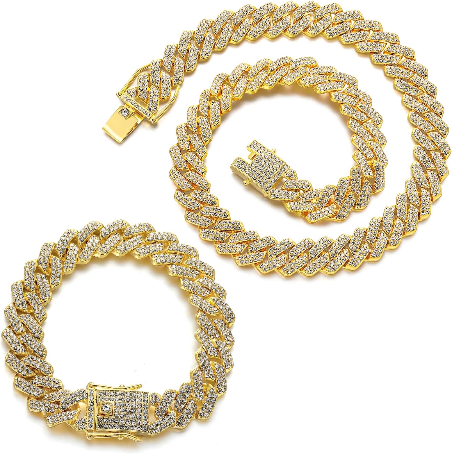 2 Pieces Cuban Link Chain Mens Iced Out Miami Cuban Necklace and Bracelet Silver Bling Diamond Hip Hop Jewelry for Men and Women…