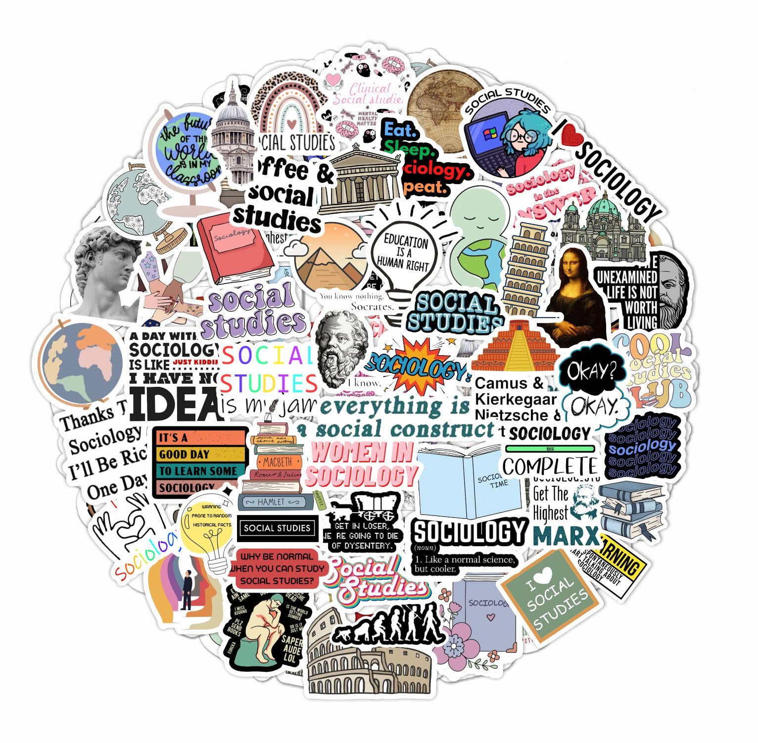 BulbaCraft 100Pcs Social Studies Stickers for Water Bottle and Laptop - Social Studies Party Favors & Decorations, Waterproof Vinyl Decals, History