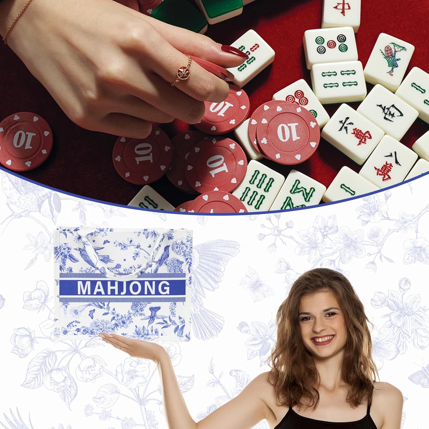 Blue mahjong bags for tiles，American Mahjong Tiles Bag- Durable mahjong carrying bag with zipper for accessories and mahjong tile storage(Only Case)