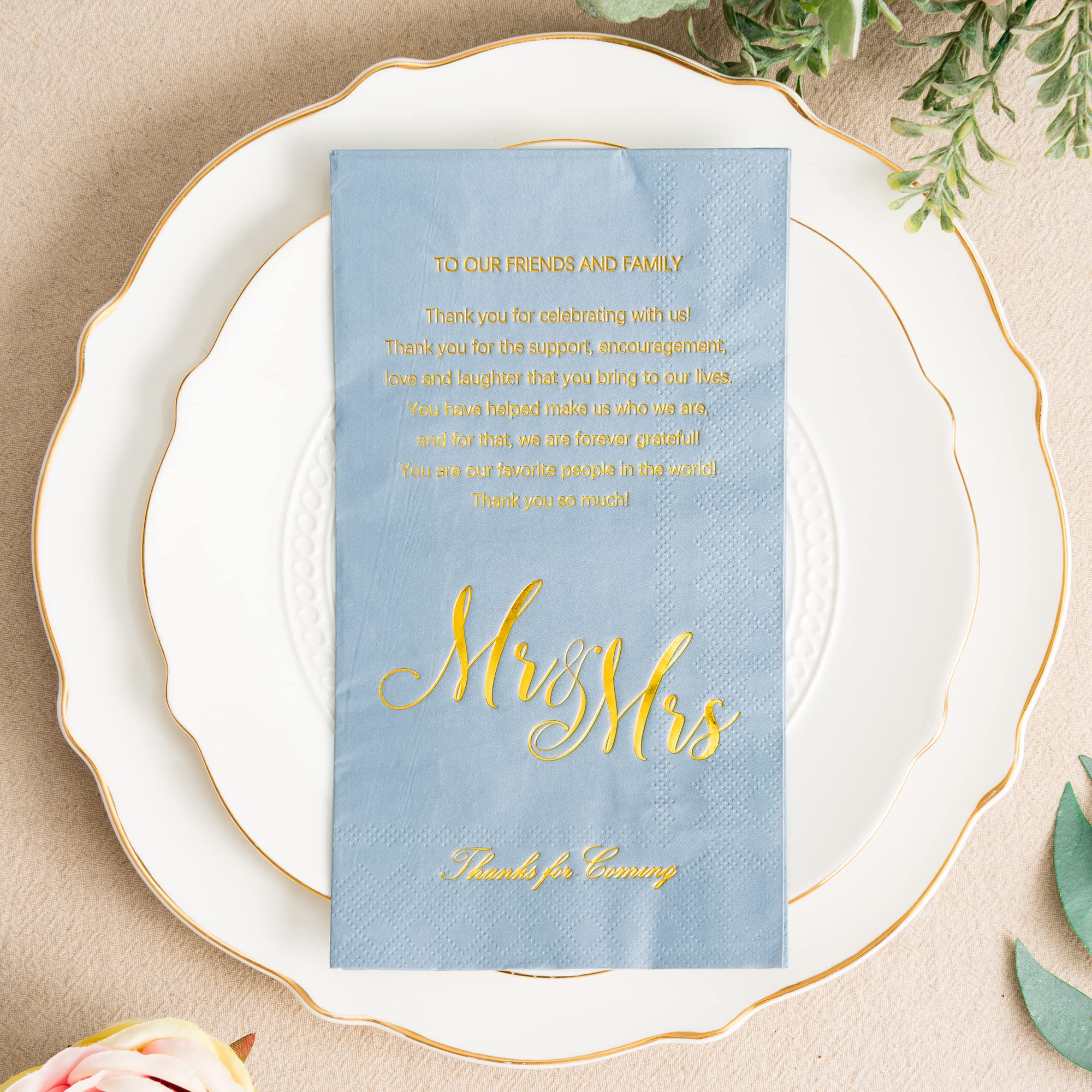 Crisky Staubblaue Hochzeitsservietten, "Mr & Mrs", Ersatz-Servietten, Dankeskarte, Einweg-dekorative Handtücher für Hochzeit, Dusche, Bankett, Probe, Abendessen, Dekorationen, 100 Stück, 3-lagig, 30,5