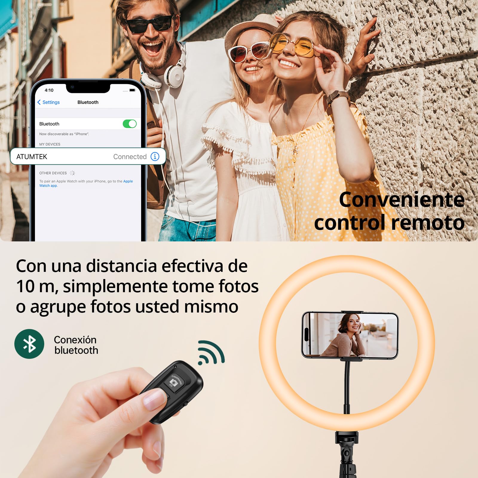 ATUMTEK Anillo de Luz LED 12" con Trípode Extensible 160 cm, 3 Modos de Iluminación & 10 Niveles de Brillo, Luz Selfie con Mando a Distancia para TikTok, Youtube, Fotografía y Streaming