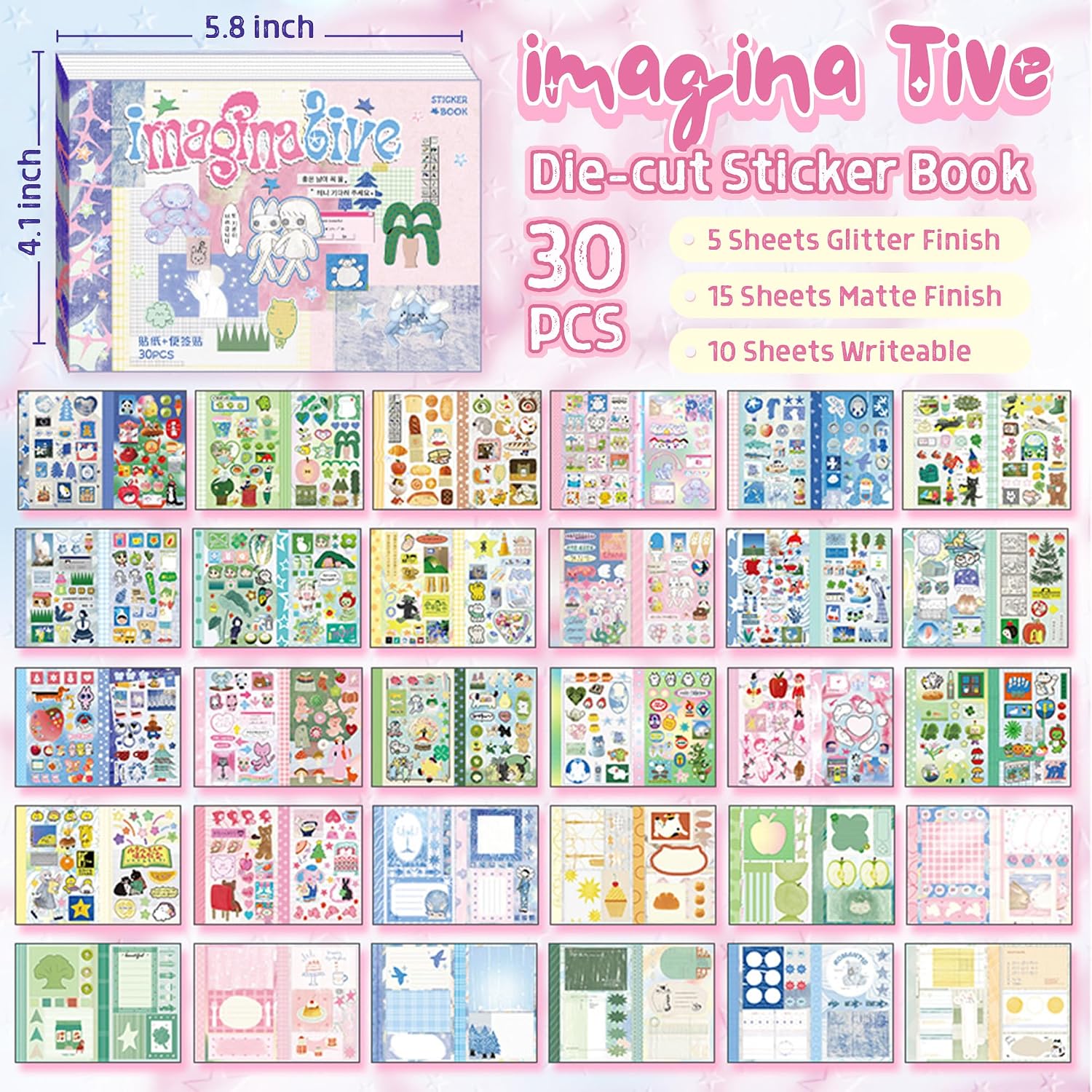Japanese Style Sticker Book, 30 Sheets Kawaii Journal Supplies, Japan Manga Multi-Texture Decor for DIY Scrapbook Planner (Imaginative)-D13