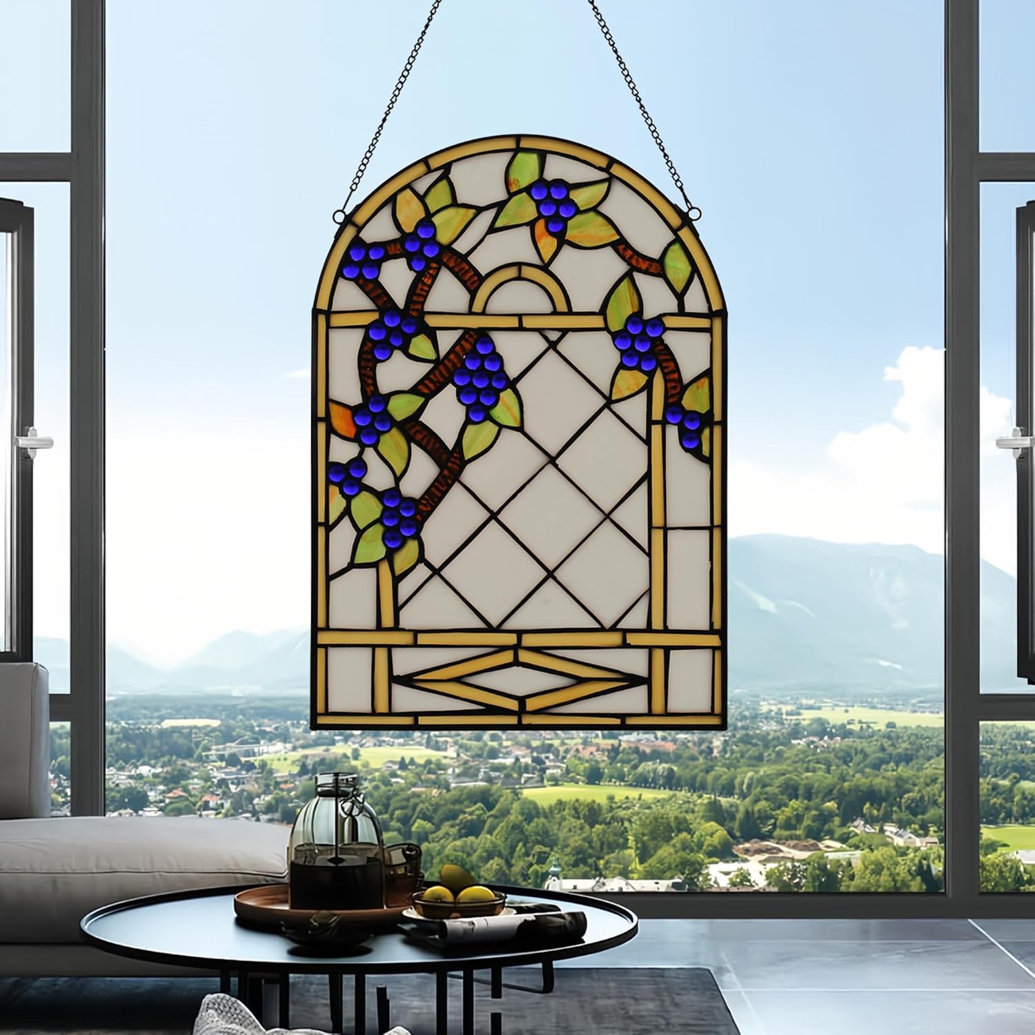 Stained Glass Window Hanging 16" X11” Rectangular Tiffany Plant Style Small Wisteria Flower Suncatchers Wall Decor Art Panel Include 20" Chain and Hook The Perfect Housewarming Gift