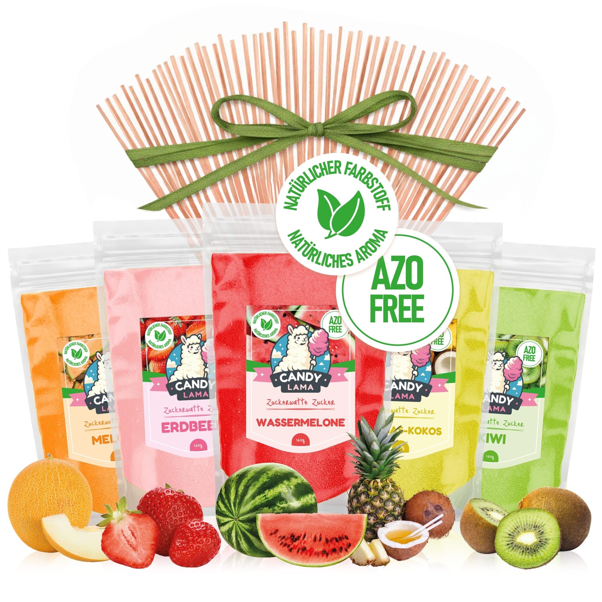 Zuckerwatte Zucker Set 5x160 g Partyset: Pina Colada, Melone, Kiwi, Wassermelone, Erdbeere - inkl. 20 Zuckerwattestäbe - 100% natürlich & AZO-frei für Zuckerwattemaschine