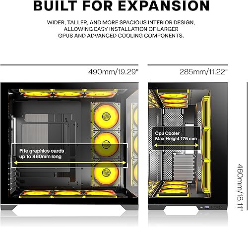 Vista 6 de PC CASE 9 PWM ARGB Ventiladores preinstalados, funda de PC para juegos de media torre, carcasa panorámica de vidrio templado para computadora