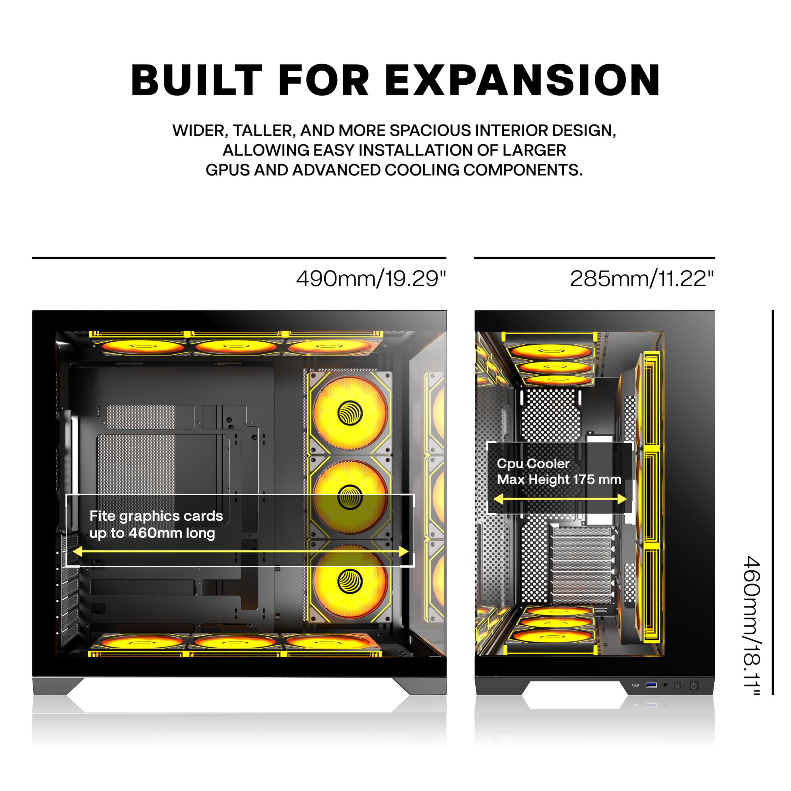 ANSAITE ATX PC-Gehäuse 9×120 mm ARGB PWM-Lüfter vorinstalliert ，Mid-Tower Gaming PC-Gehäuse, Panorama-Gehärtetes Glas Schwarz Computer-Gehäuse mit Typ-C, 360mm Radiator Unterstützung，H-D9 (Schwarz)