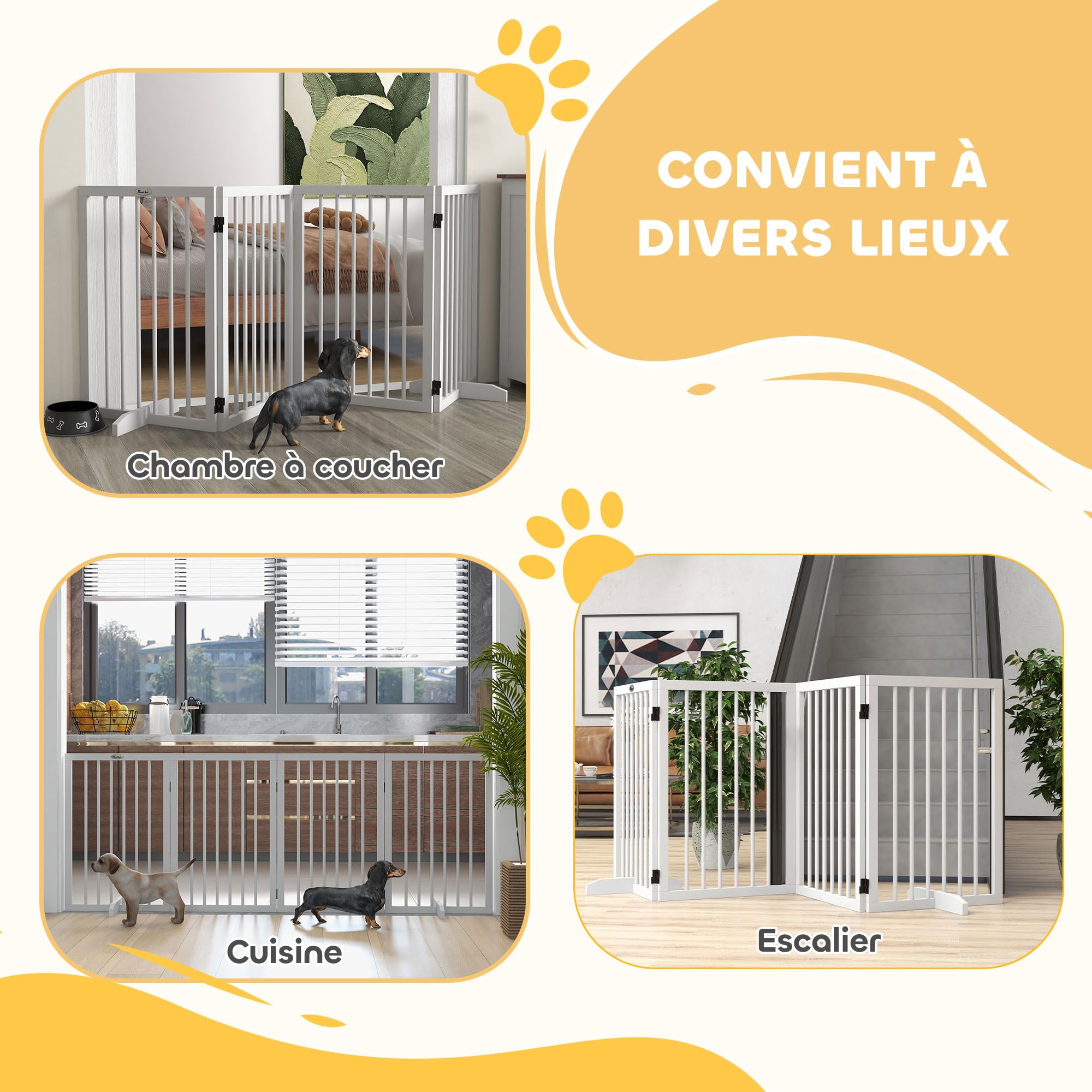 PawHut - Barrera de seguridad para perros (4 paneles, 206 x 35,5 x 76 cm), color blanco | Barrera de Protección Modular Plegable, Barrera para Animales de Madera, Pies de Soporte