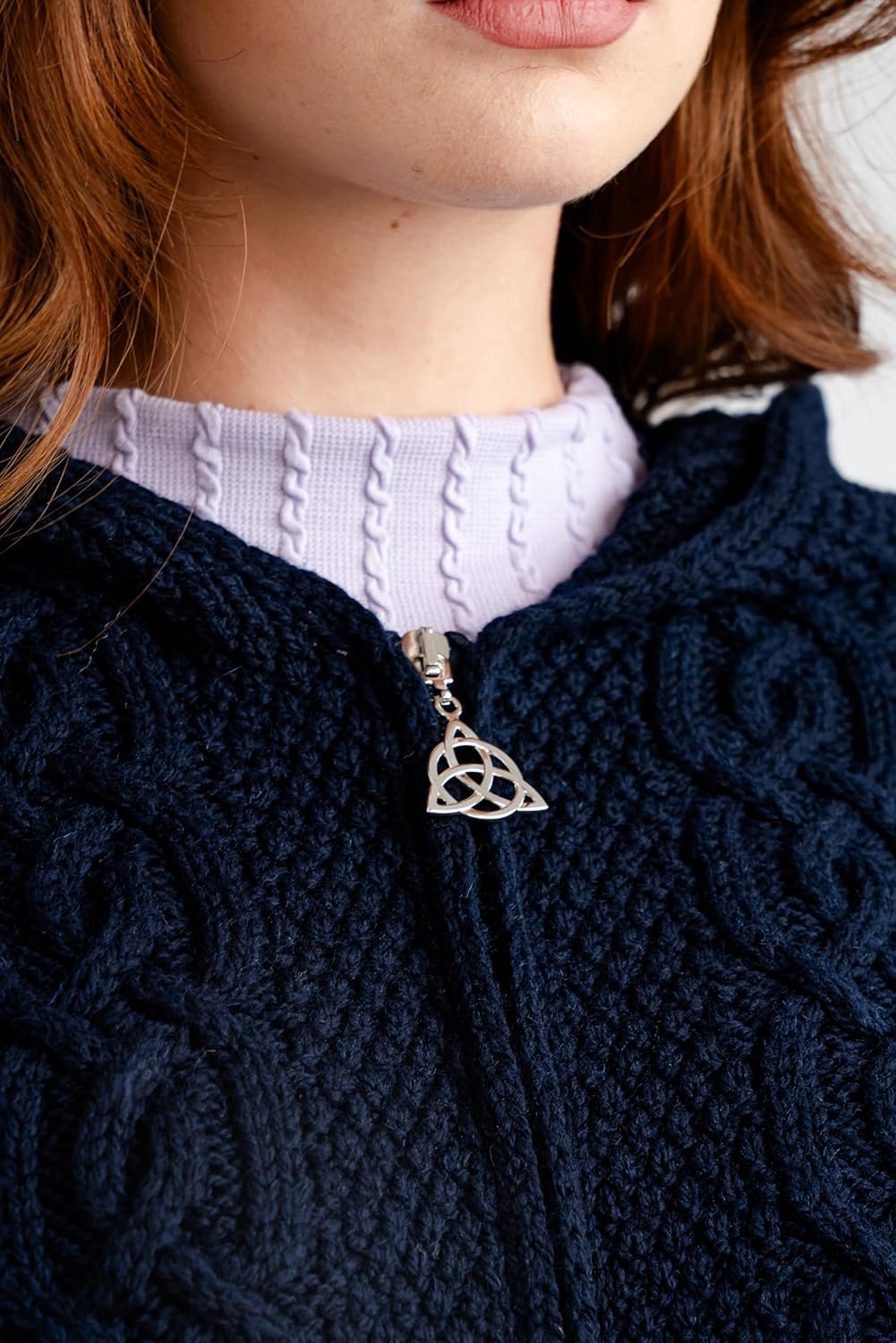 SAOL 100% Merino Wool Aran Irish Cardigan for Women with Pockets, Hood and Celtic Zipper - Image 3