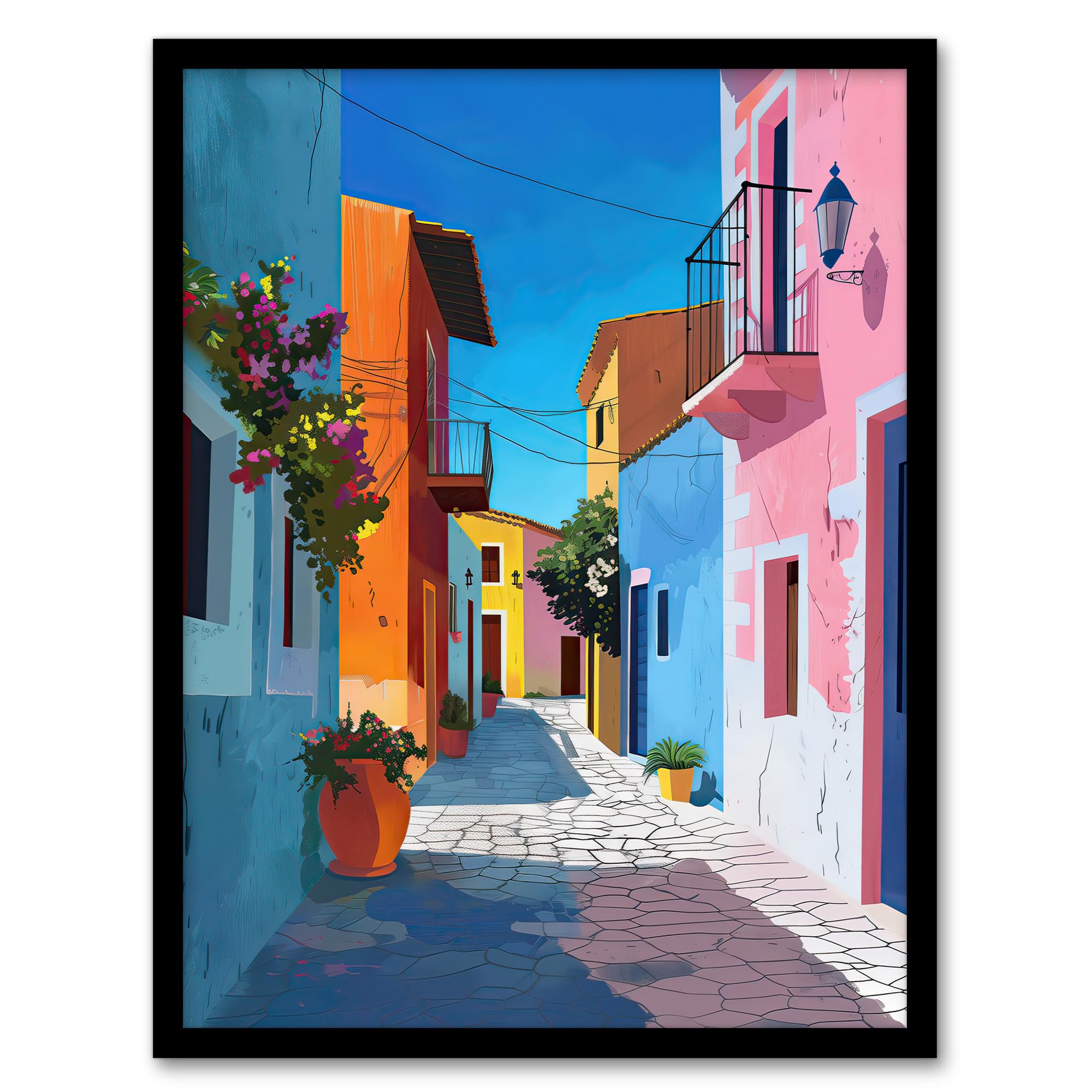 Artery8 Colourful Houses Italian Village Street Painting Bathroom Toilet Artwork Framed Wall Art Print A4