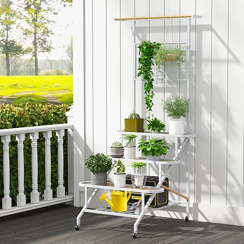 Miniatura 2 de Giantex Soporte colgante para plantas de interior, escalera de metal de 3 niveles con barra para colgar, enrejado, estante de rejilla, soporte alto
