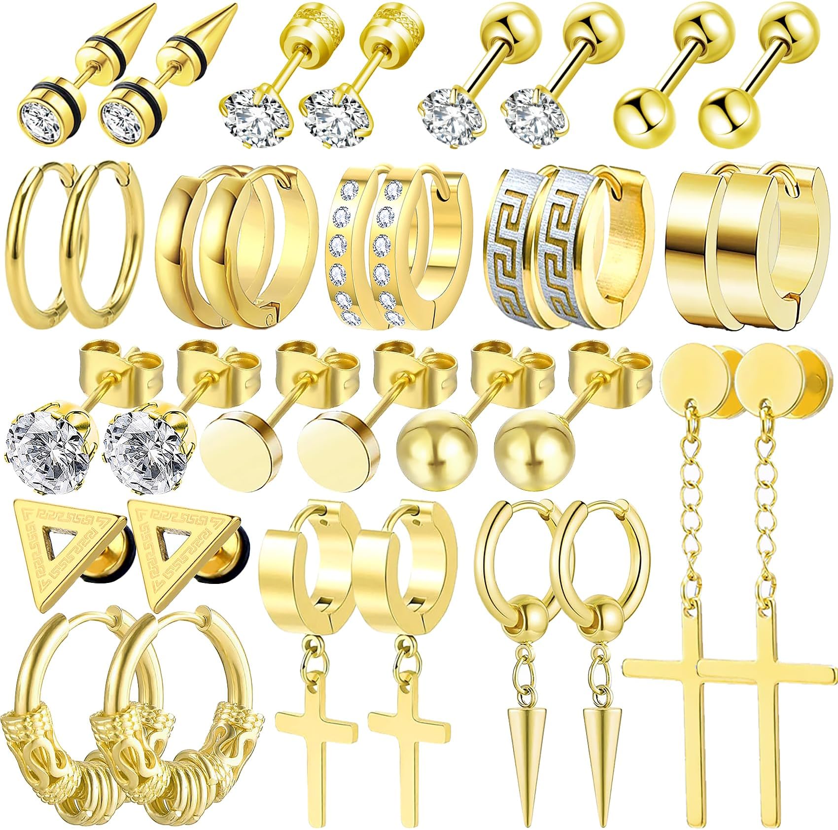 17 Pairs Earrings for Men, Stainless Steel Earrings For Men Sensitive Skin, Fashion Earring Piercing Jewelry Cross Dangle Hoop Earrings Kit Studs Long-lasting Shine