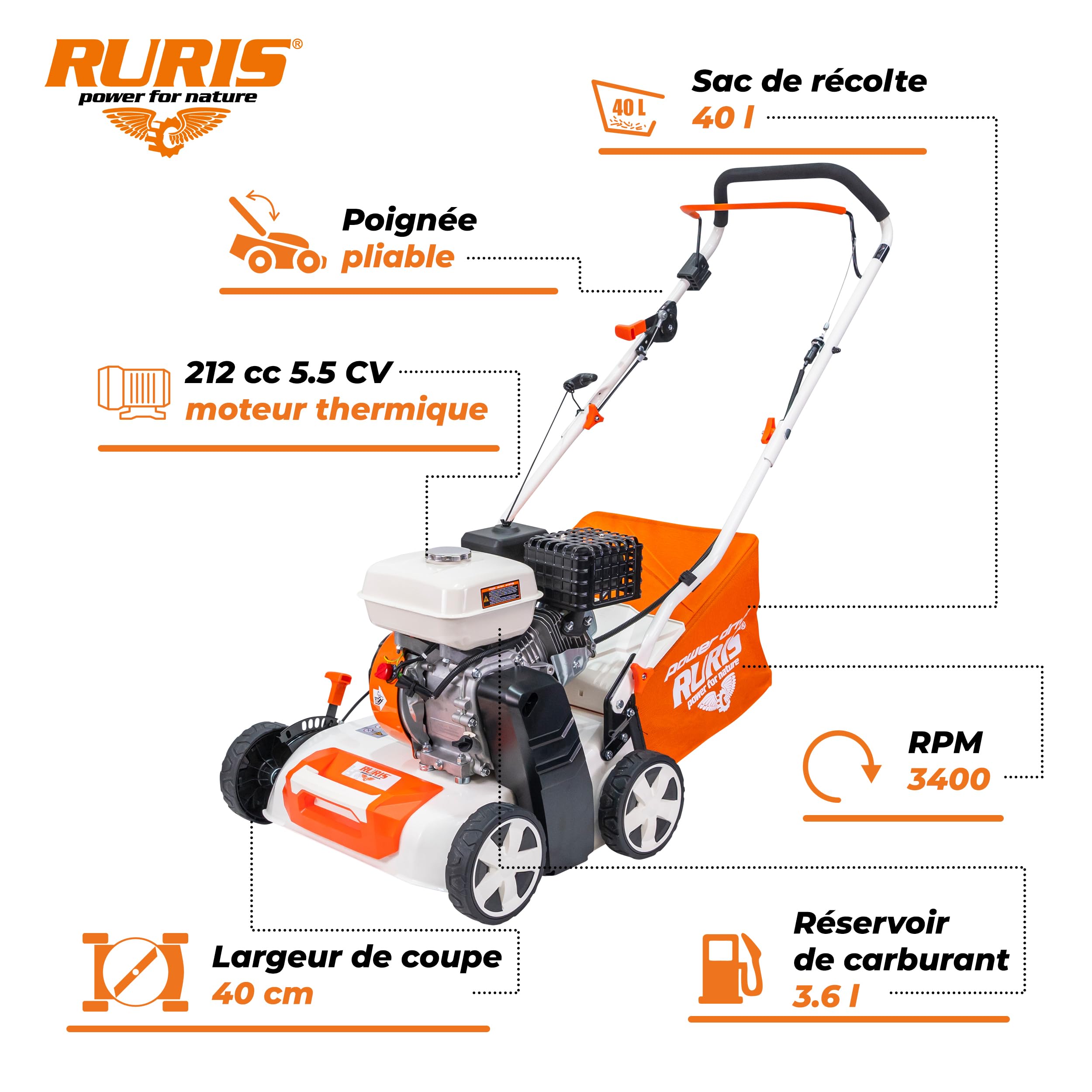 RURIS RXH909 Scarificateur Aerateur Thermique 212 cc 5,5 CV Bac 40 L | 4 Temps Moteur 212 cc 5.5 CV 3400 tr/min Largeur 400 mm Bac 40 L Cuve 3.6 L Carter en Fer
