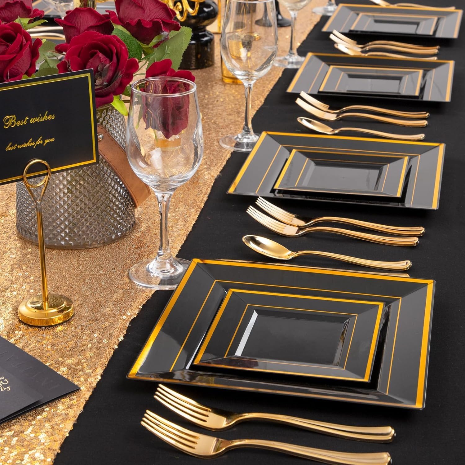 Liacere 100PCS Black and Gold Square Plastic Plates-50PCS Dinner Plate and 50PCS Dessert Plate-Durable Fancy Disposable Plates for Party & Graduation