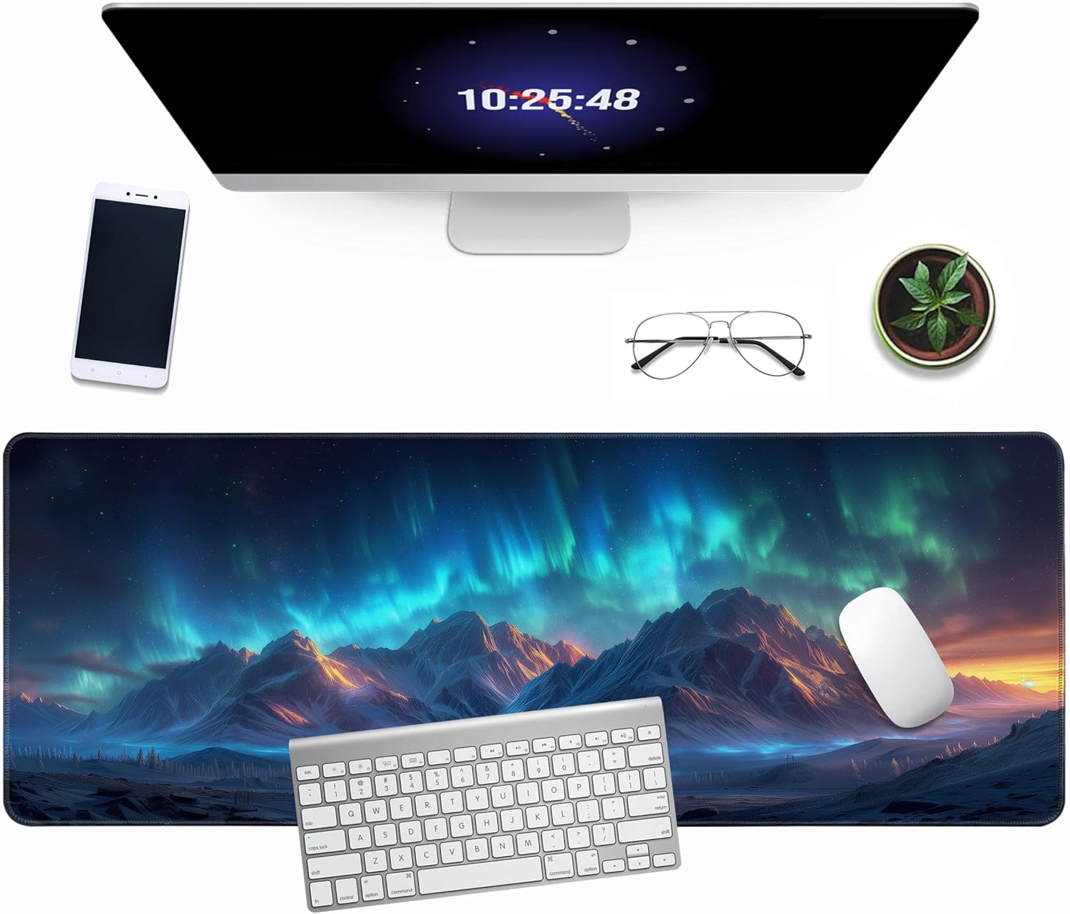 Extra Large Gaming & Office Mouse Pad 31.5" x 11.8" – Aurora Borealis Over Winter Landscape Snow Mountains & Captivating Night Sky, Desk Mat with Durable Stitched Edges for Home&Game Decor