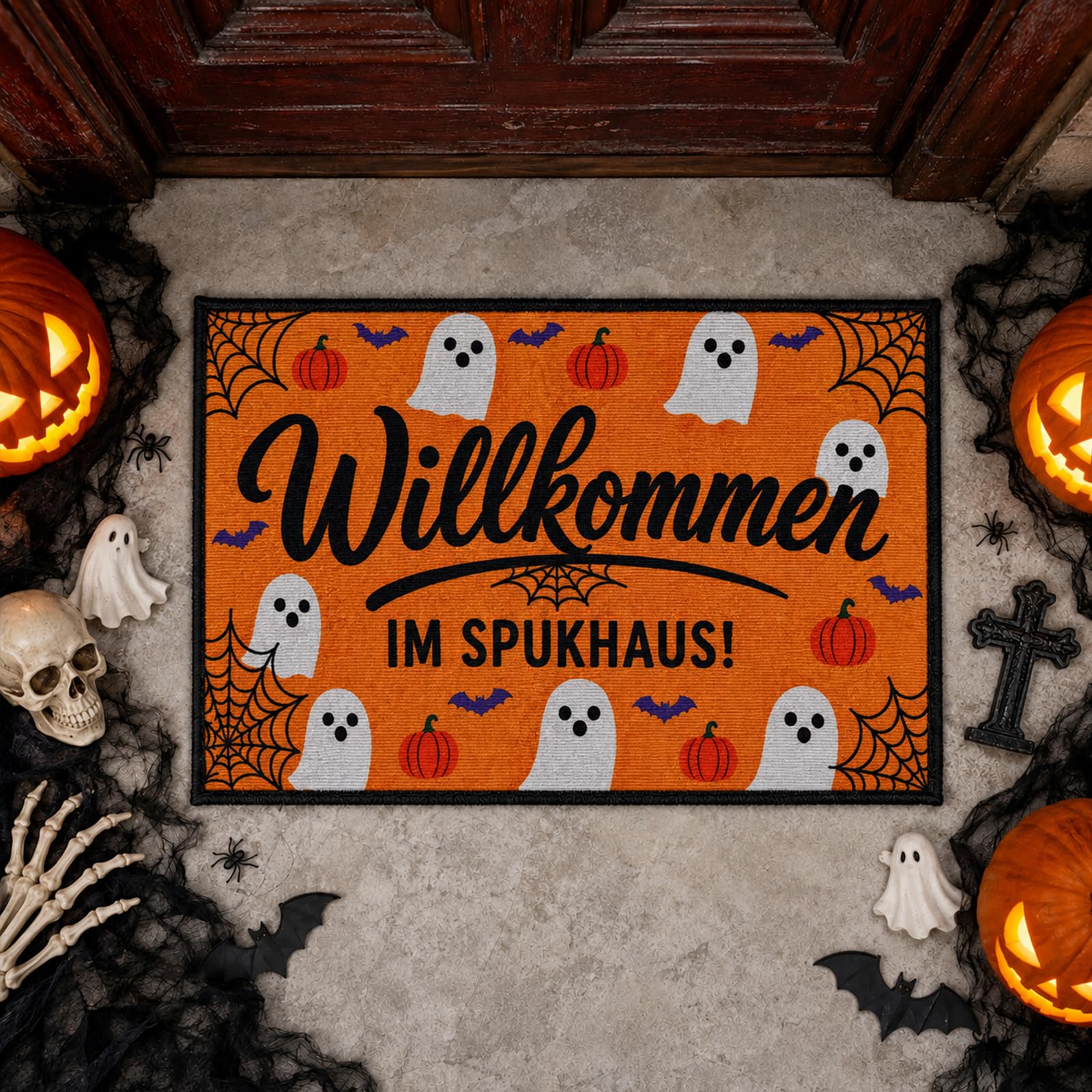 FestiKiva Paillasson d'Halloween 60 x 40 cm, Tapis de Porte 3D Horreur pour Intérieur ou Extérieur (Jaune Bienvenue)