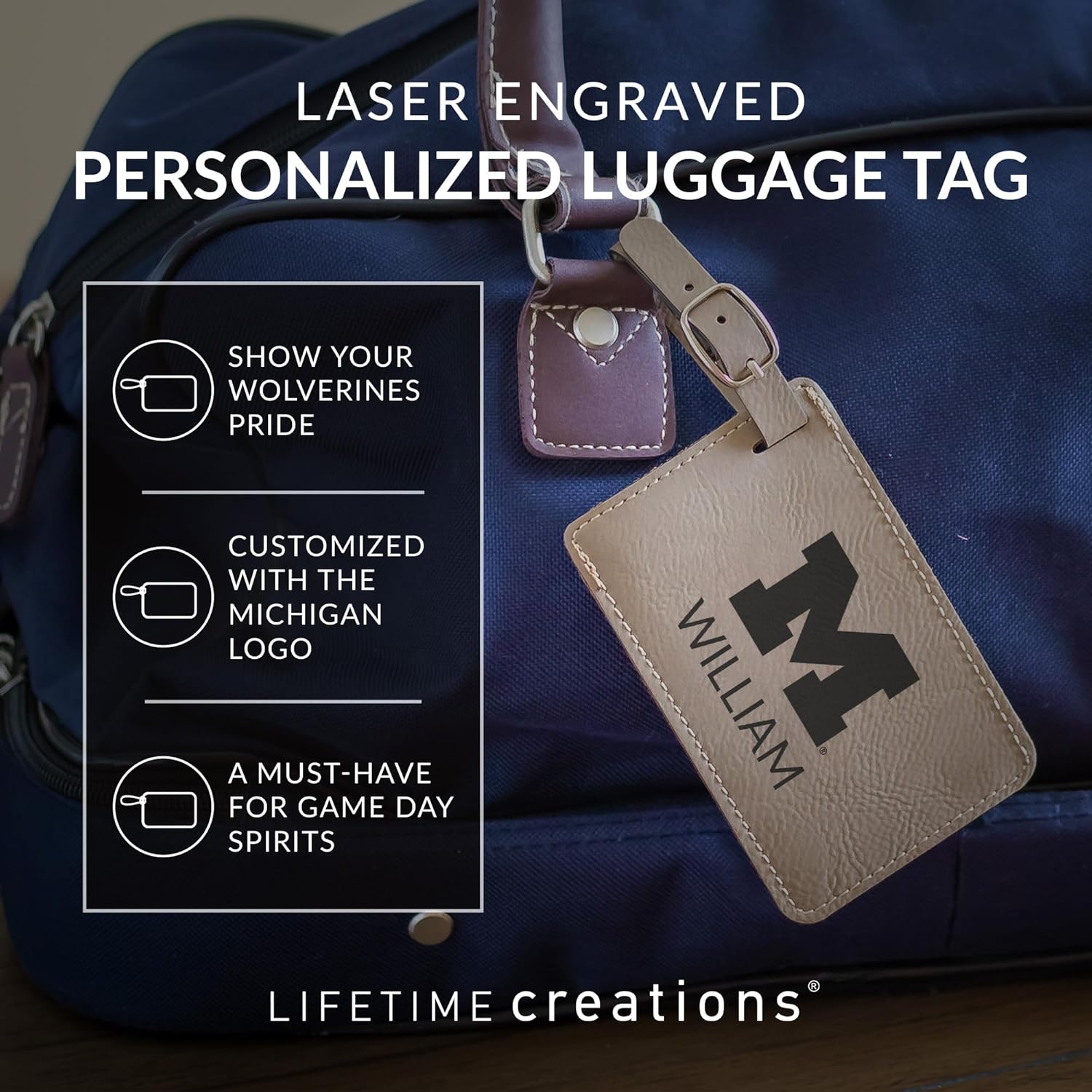 Lifetime Creations Pair (2) Personalized Michigan Wolverines Luggage Tags (Gray) - Officially Licensed, Vegan Leather Gift for Graduation, Father's Day, Football Fan