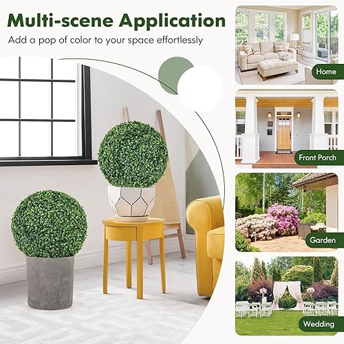 Vista 22 de Goplus 2 bolas topiarias artificiales de 19.5 pulgadas, bolas redondas de boj de imitación de acebo para exteriores con flores blancas, esferas