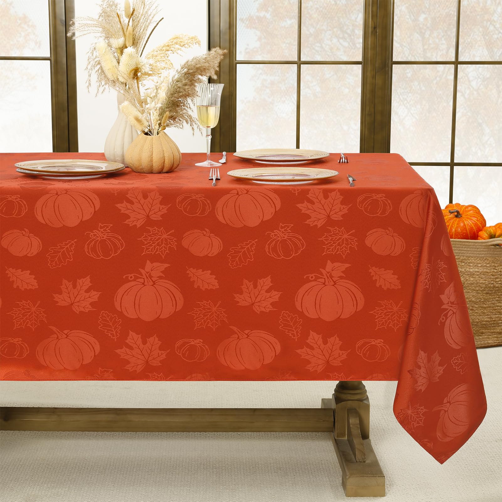 Softalker Autumn Table Cloth Orange Pumpkin Tablecloth Rectangle 140x200 cm Wipe Clean Jacquard Table Cover Water Resistant Wipeable Tablecloths for Fall Dining Party Festival Decorations, 55x78 Inch