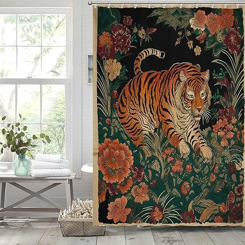 Miniatura 840 de Cortinas de ducha de baño con ganchos, 72 x 92 pulgadas, cortina de ducha de tela impermeable con diseño de flores y pájaros, cortina de ducha