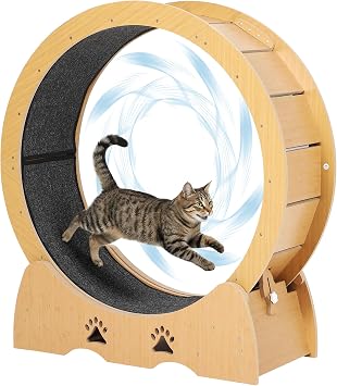 Cat Exercise Wheel, Wooden Cat Running Treadmill with Carpeted Runway for Indoor Cats, Low Noise Removable Carpet Cat Wheel for Kitty Running Walking Training