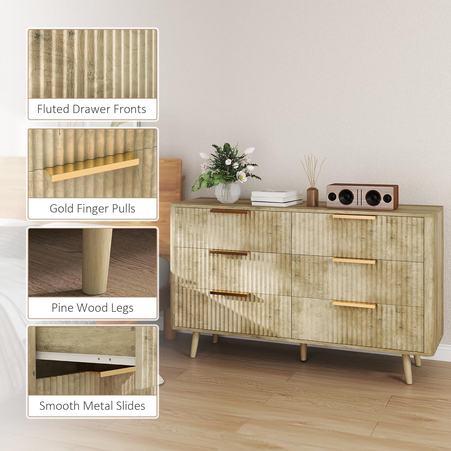 Close-up images highlighting the fluted drawer fronts, golden finger pulls, pine wood legs, and smooth metal slides of the dresser.